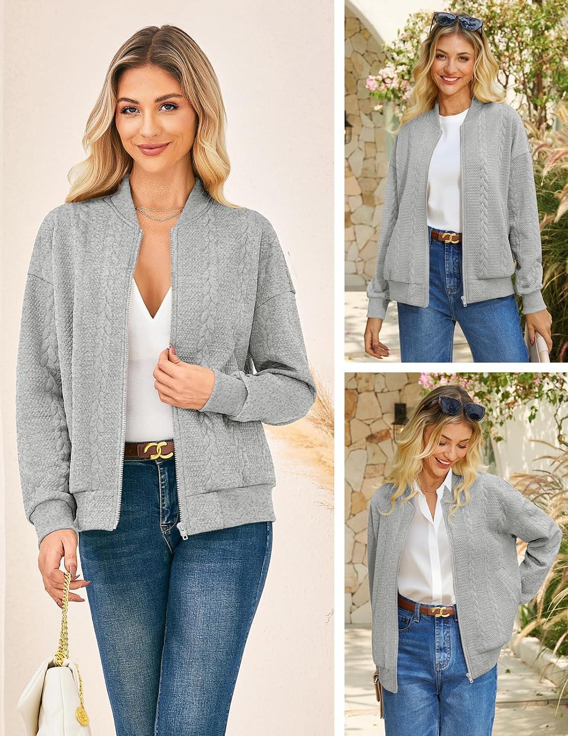 imageGRACE KARIN Women Casual Jacket Stand Collar Zip Up Lightweight Fall Fashion Bomber Coats Outfits with PocketsGrey