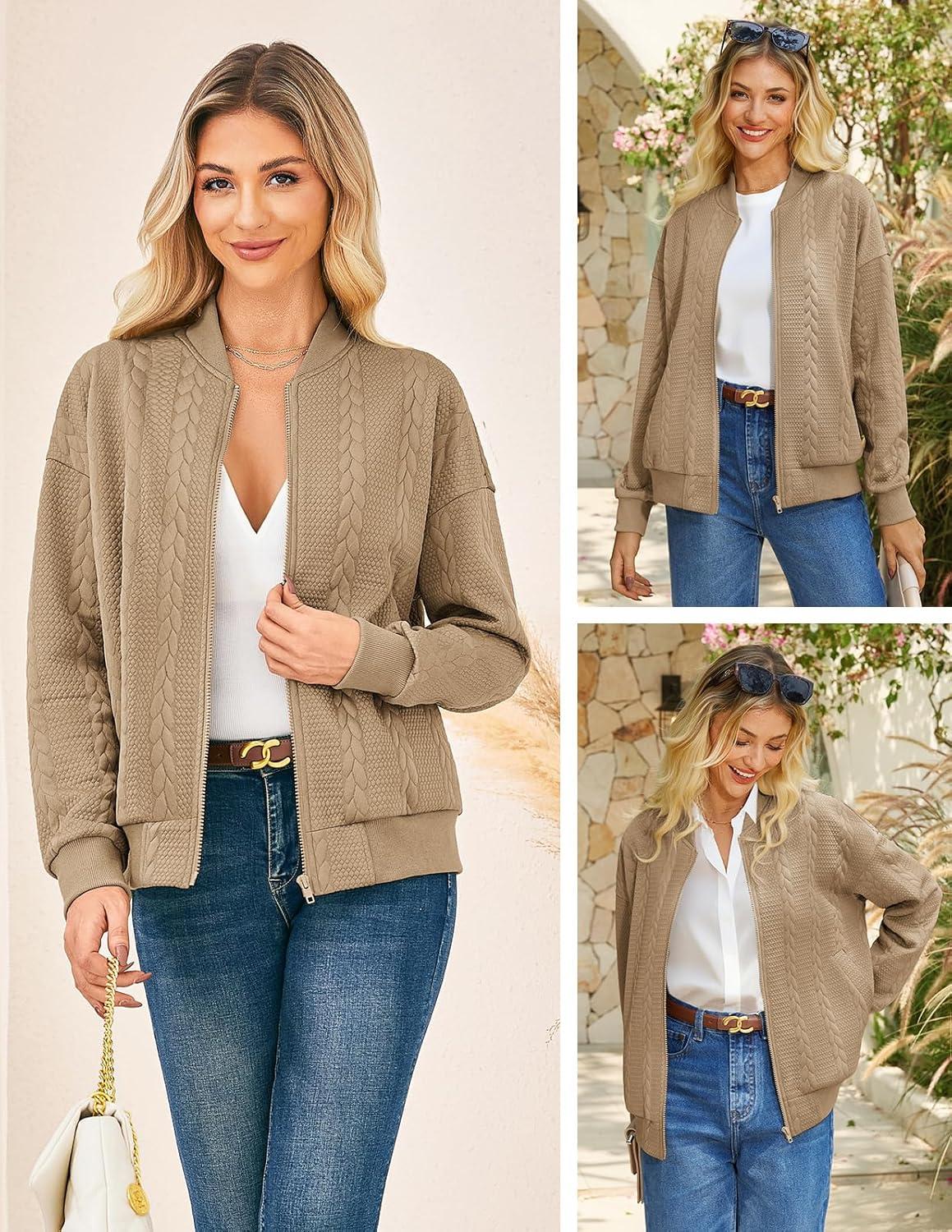 imageGRACE KARIN Women Casual Jacket Stand Collar Zip Up Lightweight Fall Fashion Bomber Coats Outfits with PocketsKhaki