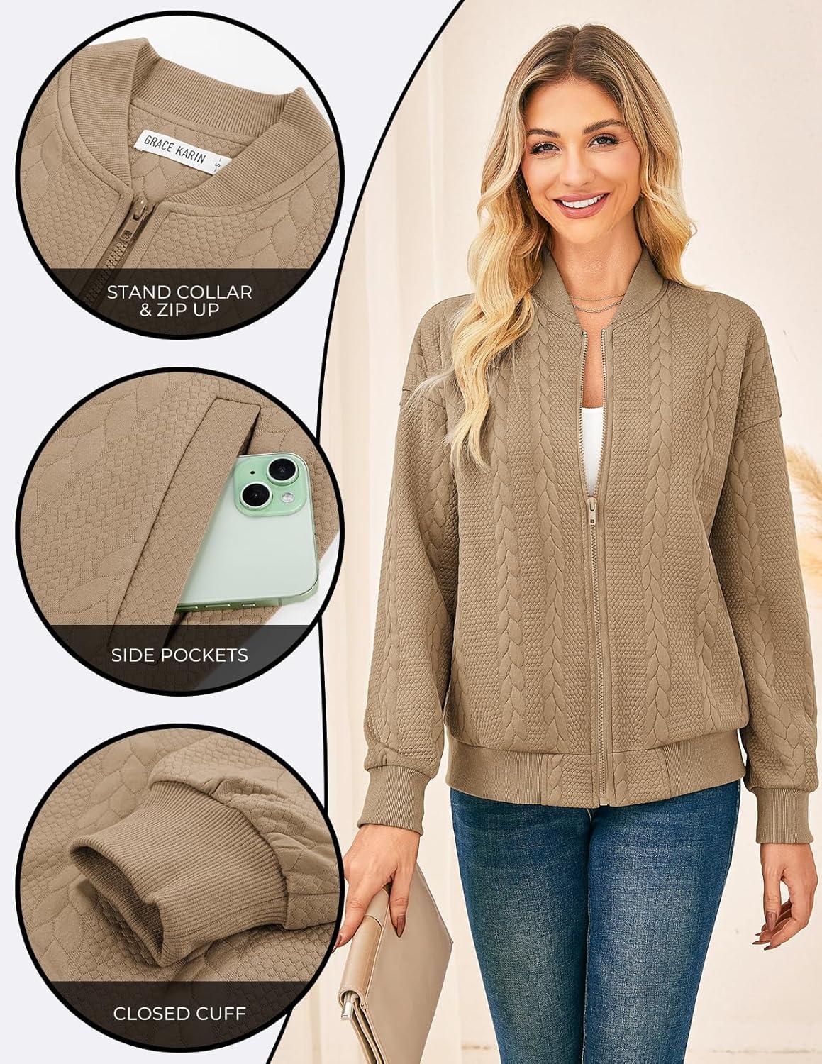 imageGRACE KARIN Women Casual Jacket Stand Collar Zip Up Lightweight Fall Fashion Bomber Coats Outfits with PocketsKhaki
