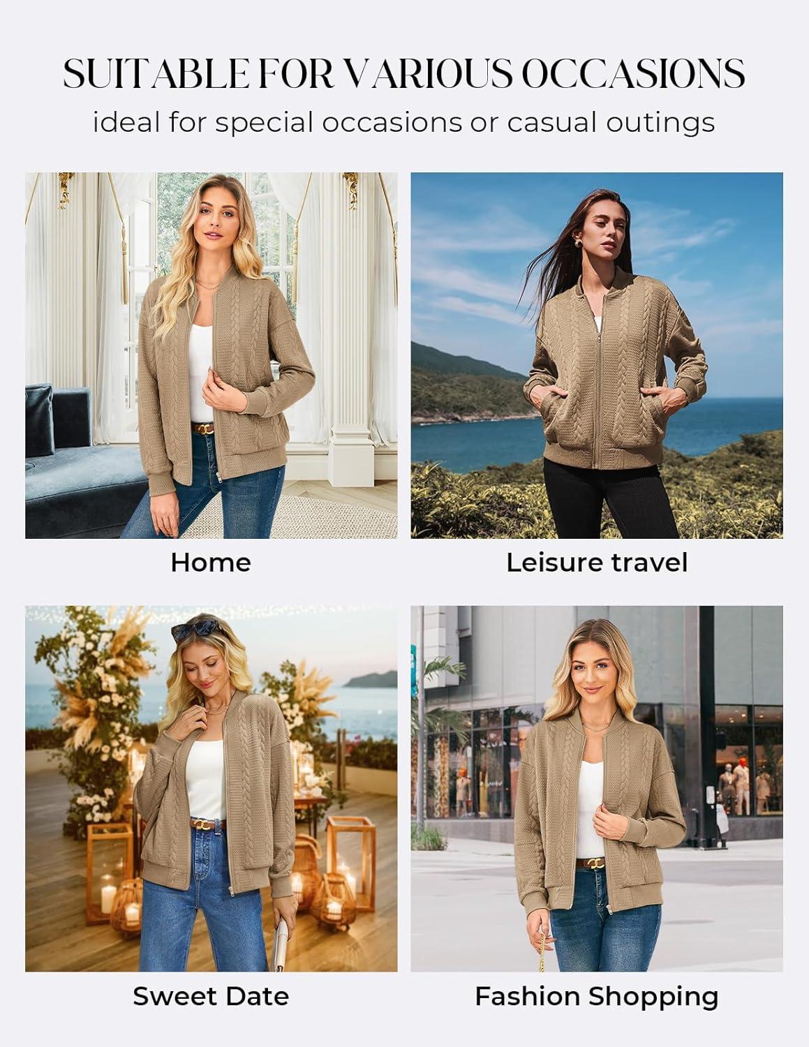 imageGRACE KARIN Women Casual Jacket Stand Collar Zip Up Lightweight Fall Fashion Bomber Coats Outfits with PocketsKhaki
