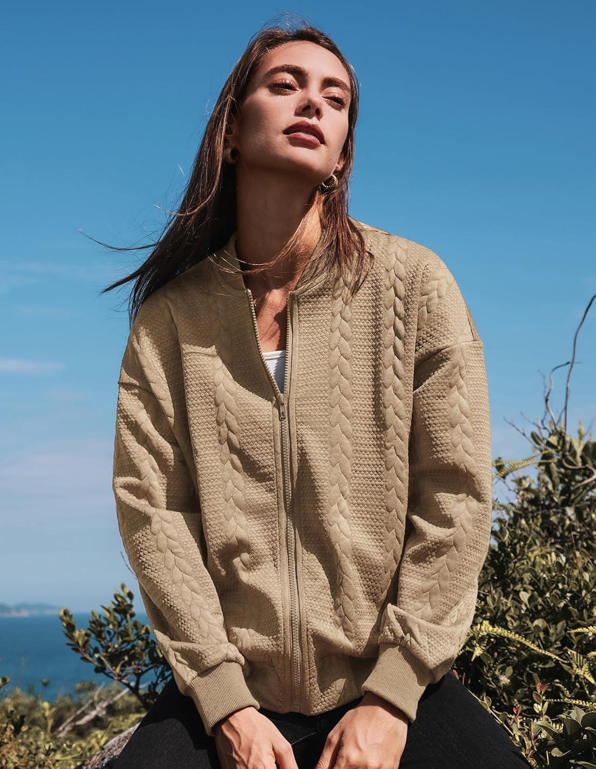 imageGRACE KARIN Women Casual Jacket Stand Collar Zip Up Lightweight Fall Fashion Bomber Coats Outfits with PocketsKhaki