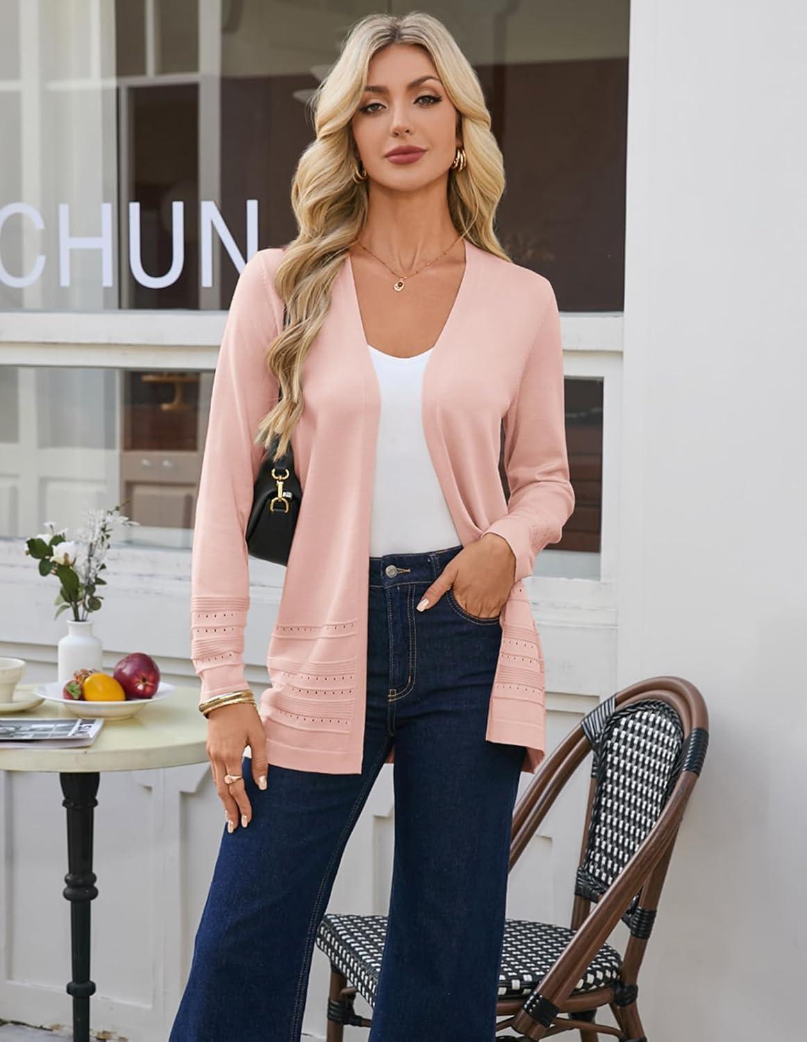 imageGRACE KARIN Women Long Cardigan Lightweight Spring Cardigans Long Sleeve V Neck Open Front Sweater 2026Pink