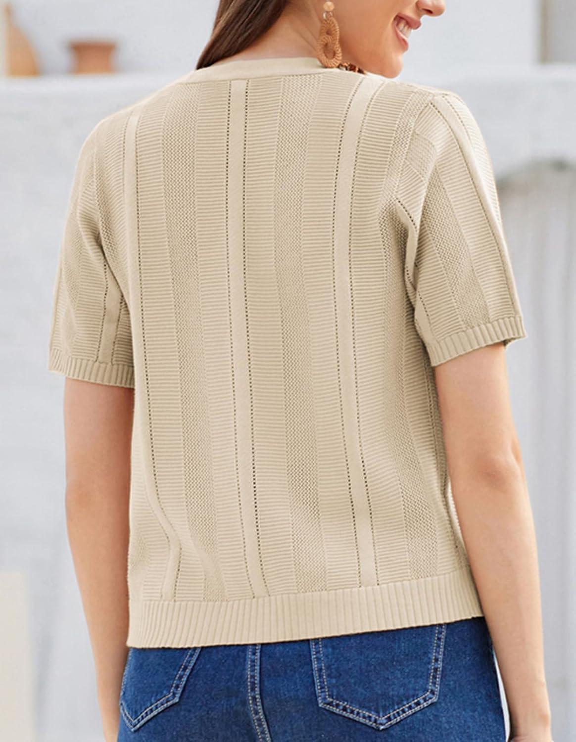 imageGRACE KARIN Women Short Sleeve Cropped Cardigan Crochet Knit Lightweight Button Down V Neck Bolero Sweater Top 2025Beige