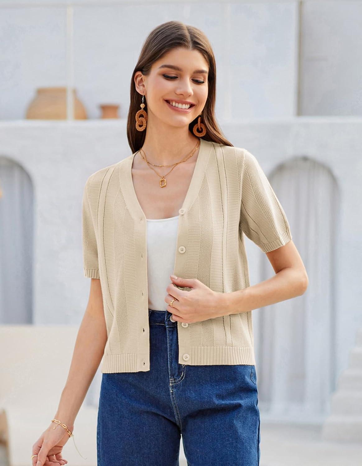 imageGRACE KARIN Women Short Sleeve Cropped Cardigan Crochet Knit Lightweight Button Down V Neck Bolero Sweater Top 2025Beige