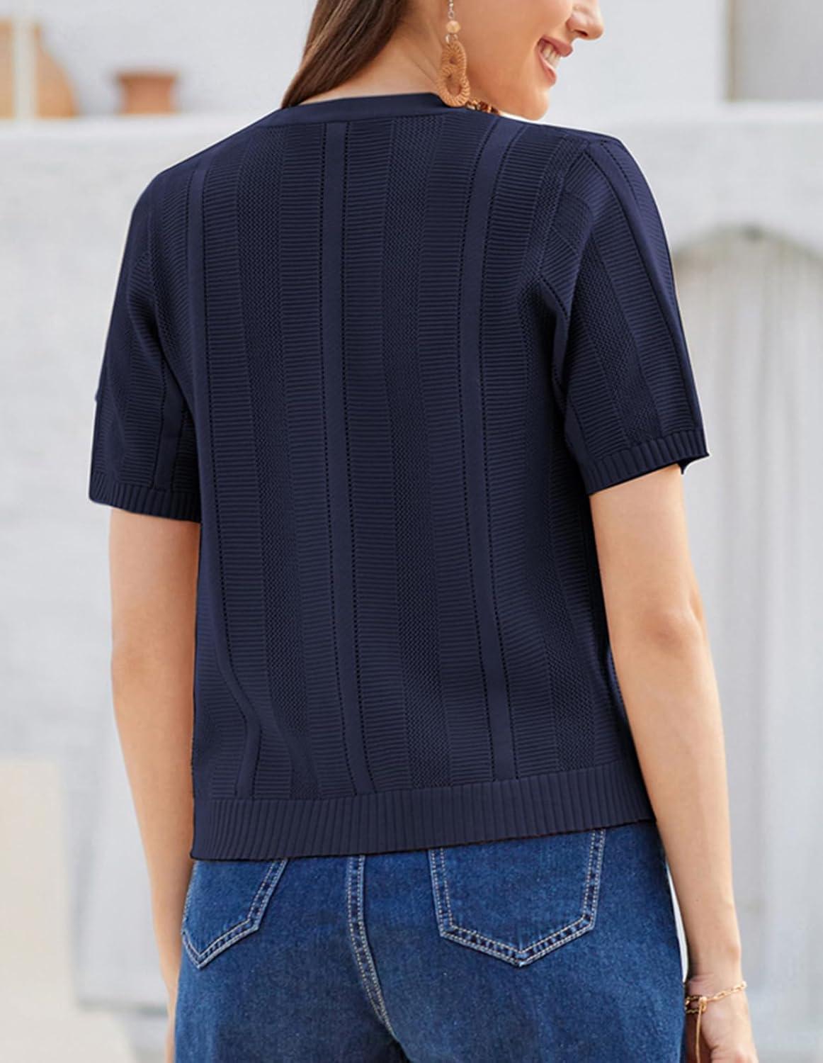 imageGRACE KARIN Women Short Sleeve Cropped Cardigan Crochet Knit Lightweight Button Down V Neck Bolero Sweater Top 2025Navy Blue