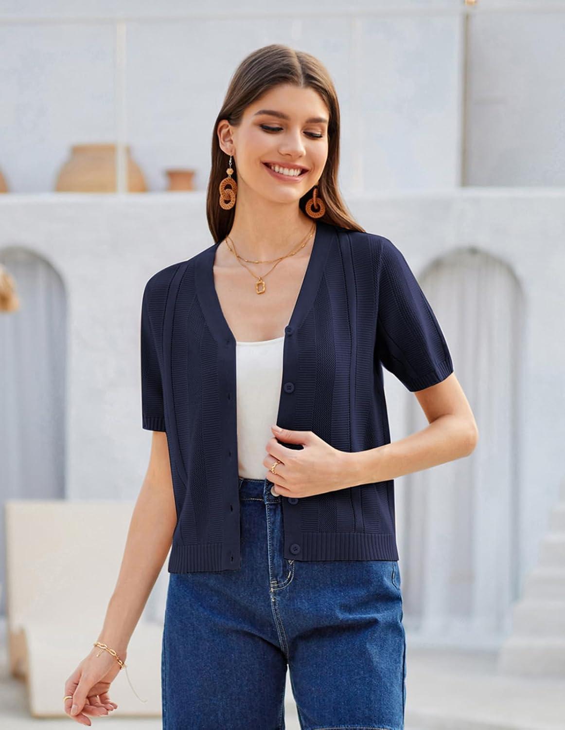 imageGRACE KARIN Women Short Sleeve Cropped Cardigan Crochet Knit Lightweight Button Down V Neck Bolero Sweater Top 2025Navy Blue