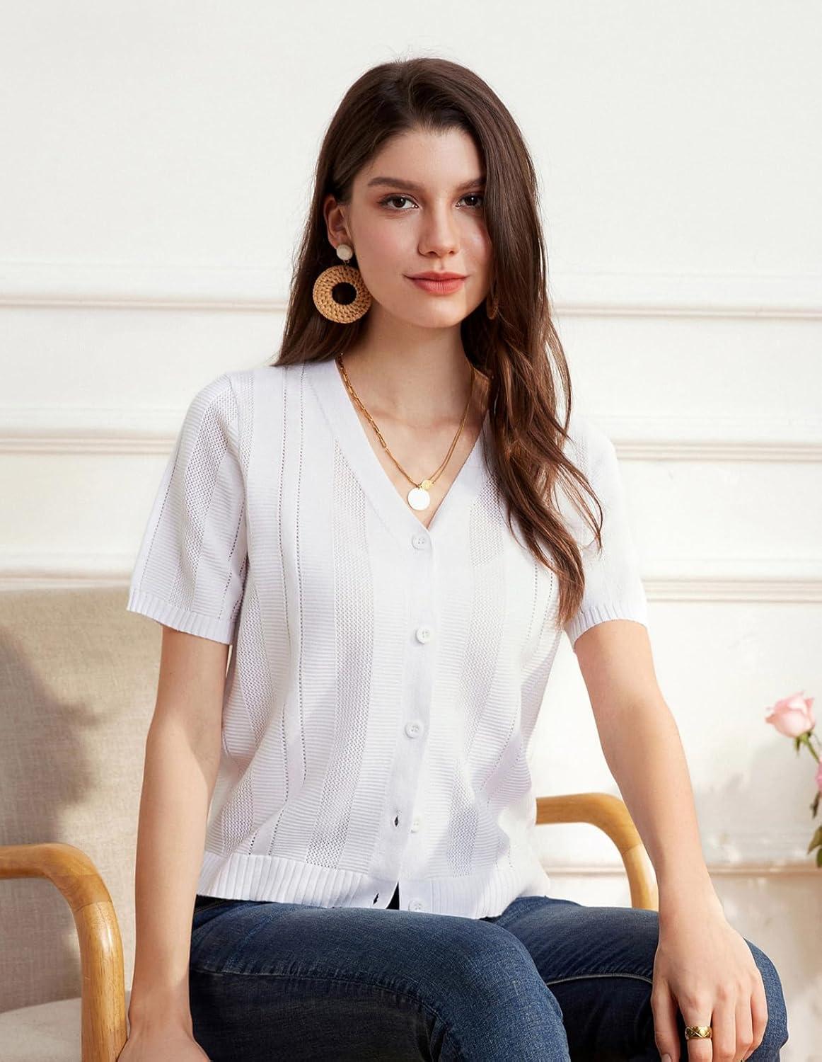 imageGRACE KARIN Women Short Sleeve Cropped Cardigan Crochet Knit Lightweight Button Down V Neck Bolero Sweater Top 2025White