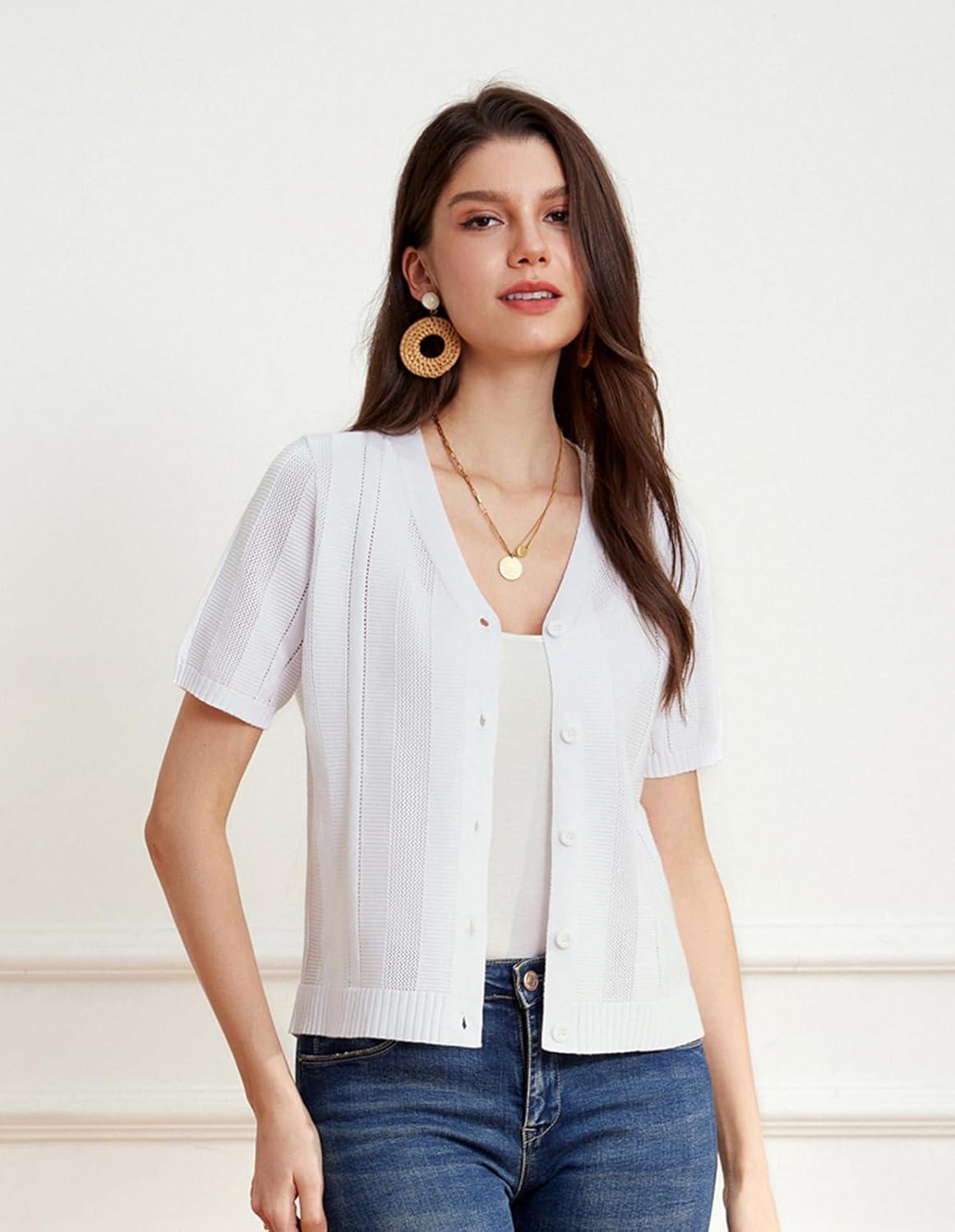 imageGRACE KARIN Women Short Sleeve Cropped Cardigan Crochet Knit Lightweight Button Down V Neck Bolero Sweater Top 2025White