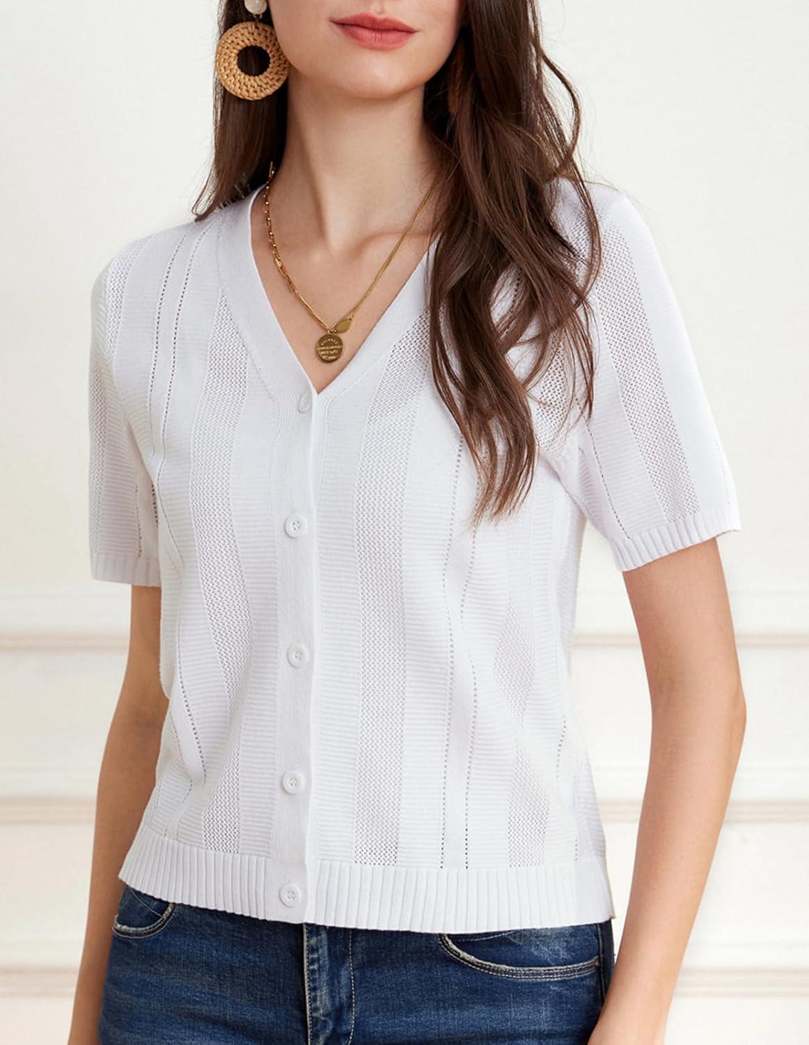 imageGRACE KARIN Women Short Sleeve Cropped Cardigan Crochet Knit Lightweight Button Down V Neck Bolero Sweater Top 2025White