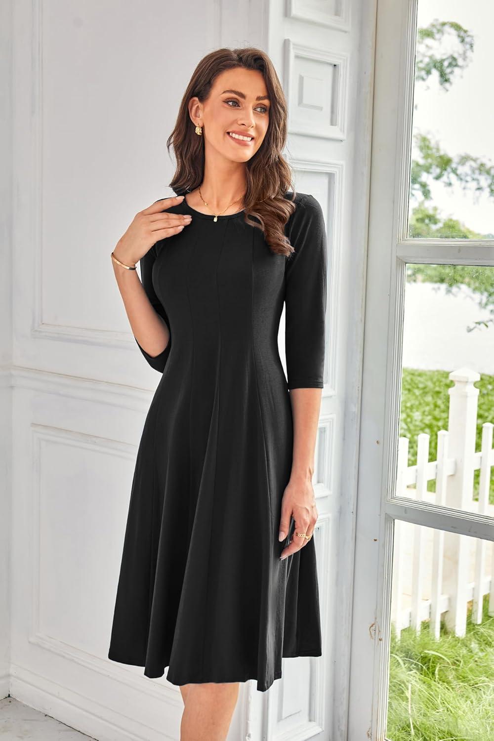 imageGRACE KARIN Women Summer Dresses 2026 Casual 34 Sleeve Dress A Line Fit and Flare Midi Dress with PocketsBlack