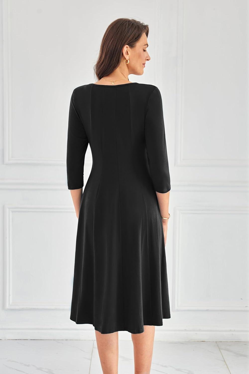 imageGRACE KARIN Women Summer Dresses 2026 Casual 34 Sleeve Dress A Line Fit and Flare Midi Dress with PocketsBlack