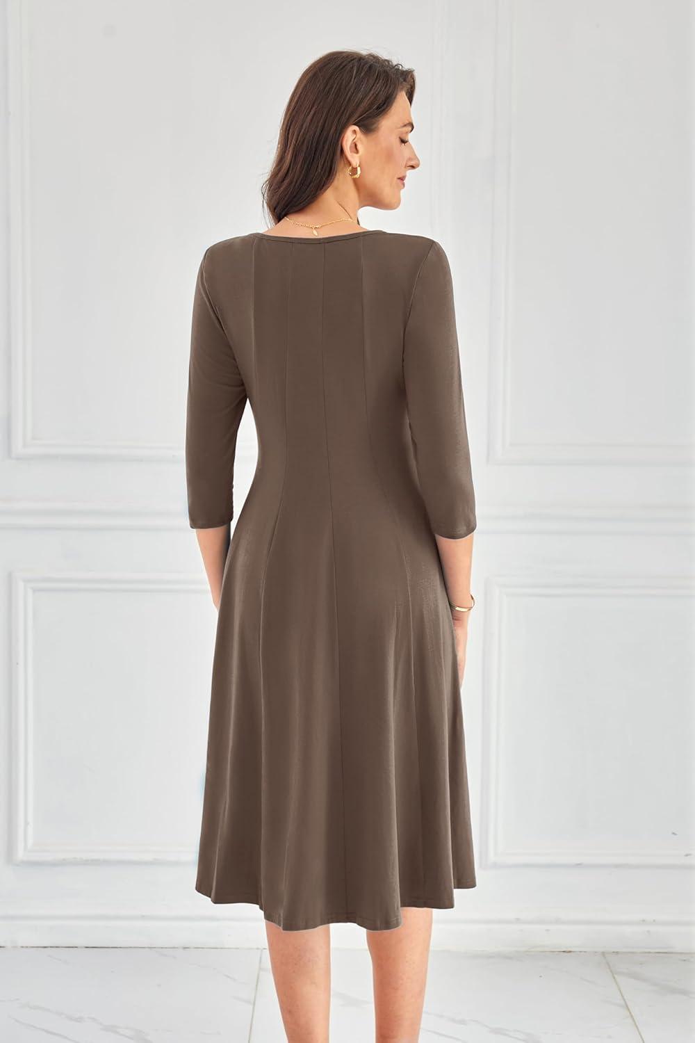 imageGRACE KARIN Women Summer Dresses 2026 Casual 34 Sleeve Dress A Line Fit and Flare Midi Dress with PocketsBrown