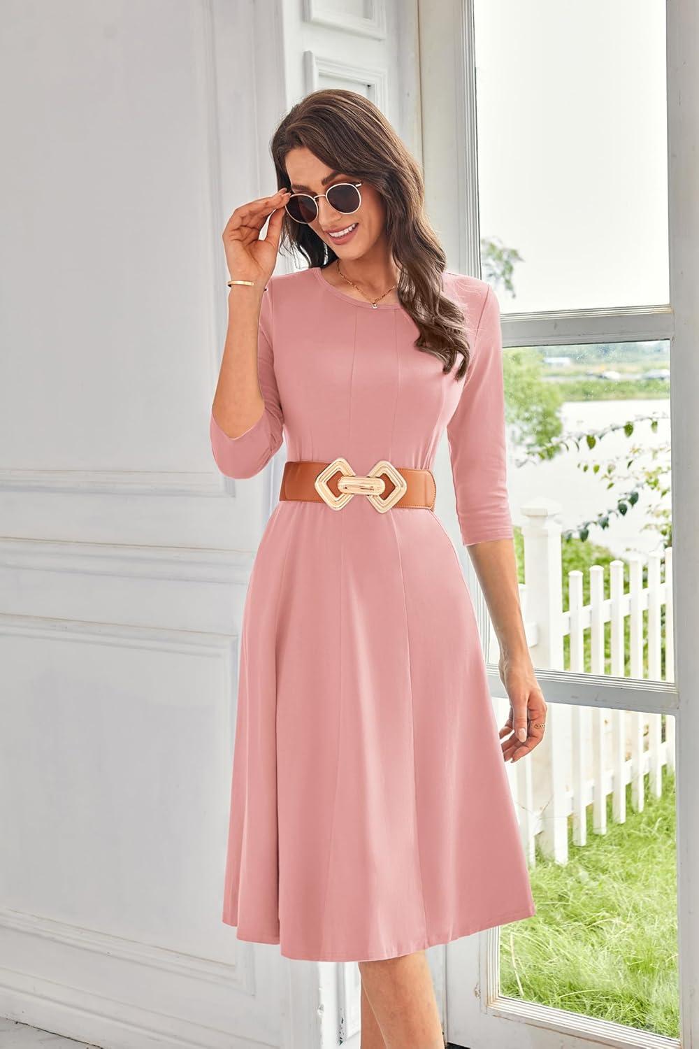 imageGRACE KARIN Women Summer Dresses 2026 Casual 34 Sleeve Dress A Line Fit and Flare Midi Dress with PocketsDusty Pink