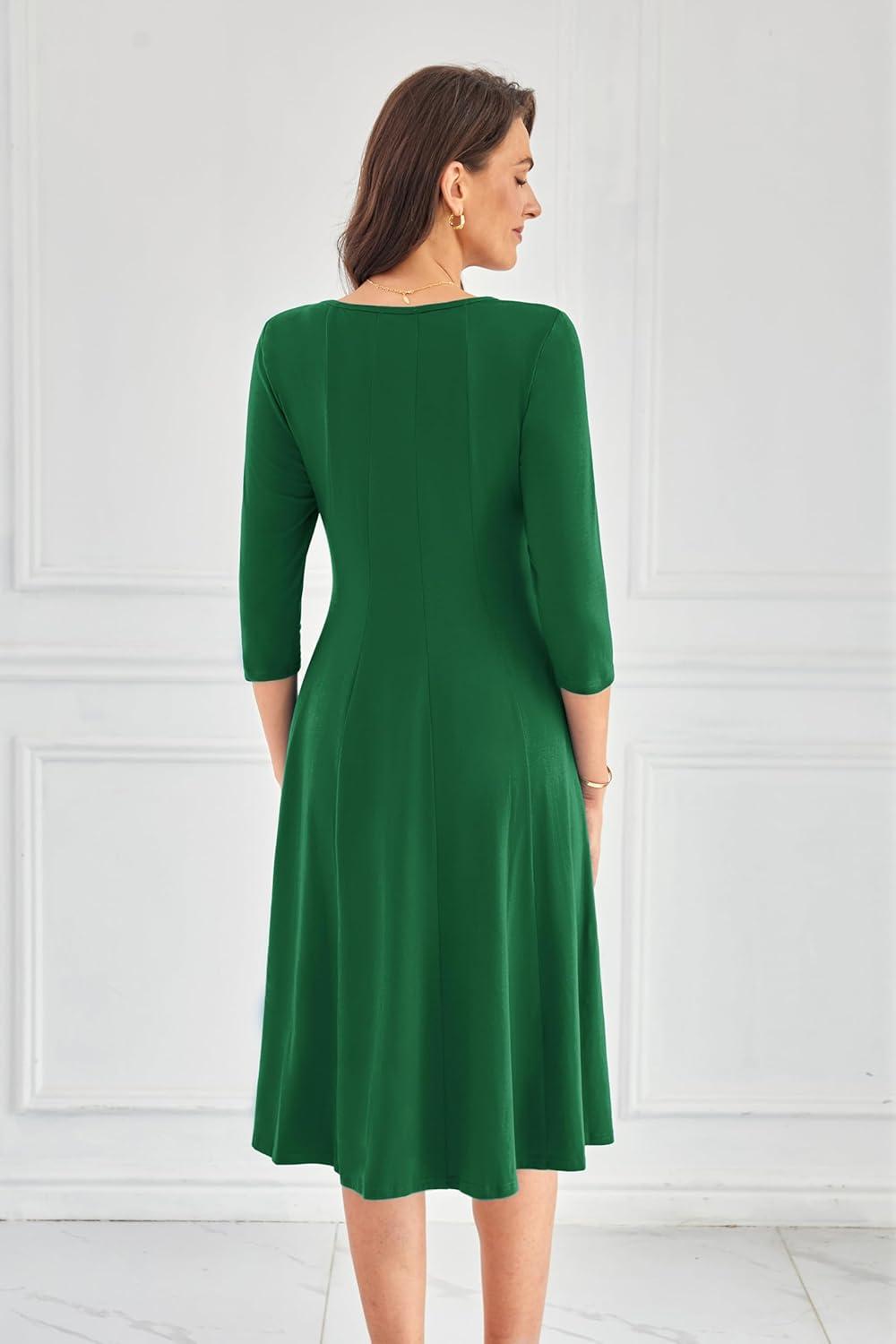 imageGRACE KARIN Women Summer Dresses 2026 Casual 34 Sleeve Dress A Line Fit and Flare Midi Dress with PocketsGreen