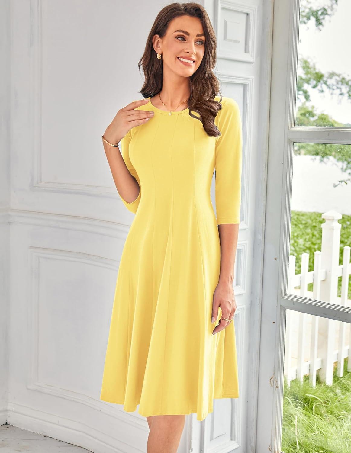 imageGRACE KARIN Women Summer Dresses 2026 Casual 34 Sleeve Dress A Line Fit and Flare Midi Dress with PocketsLight Yellow