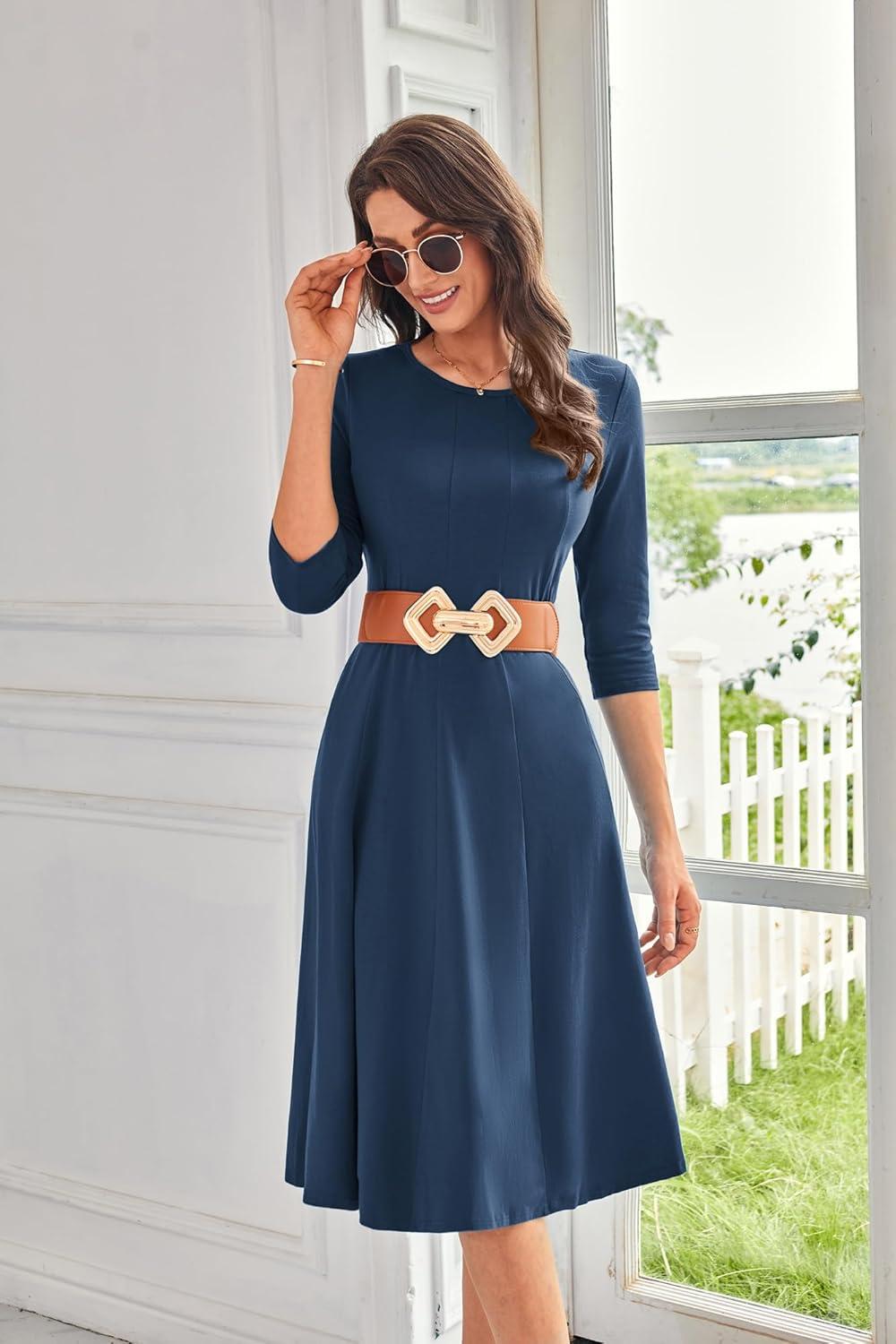 imageGRACE KARIN Women Summer Dresses 2026 Casual 34 Sleeve Dress A Line Fit and Flare Midi Dress with PocketsNavy Blue