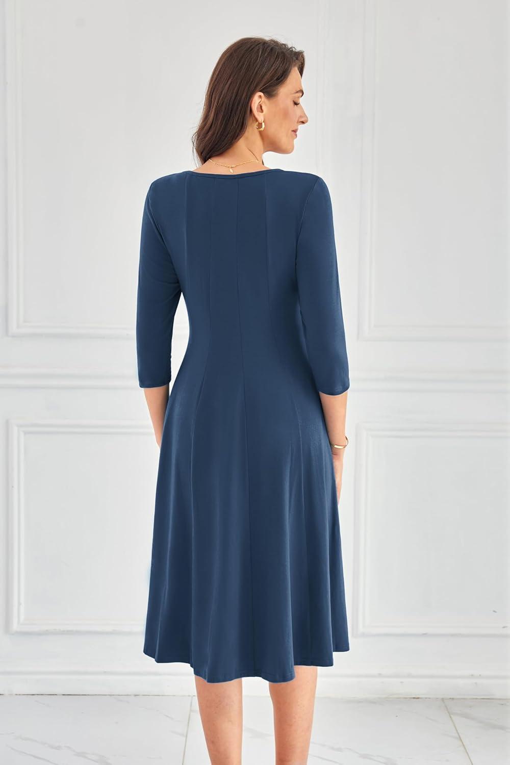 imageGRACE KARIN Women Summer Dresses 2026 Casual 34 Sleeve Dress A Line Fit and Flare Midi Dress with PocketsNavy Blue
