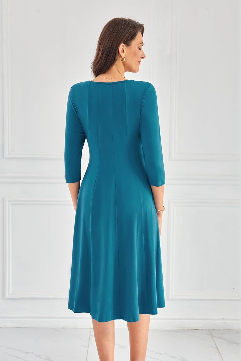 imageGRACE KARIN Women Summer Dresses 2026 Casual 34 Sleeve Dress A Line Fit and Flare Midi Dress with PocketsPeacock Blue