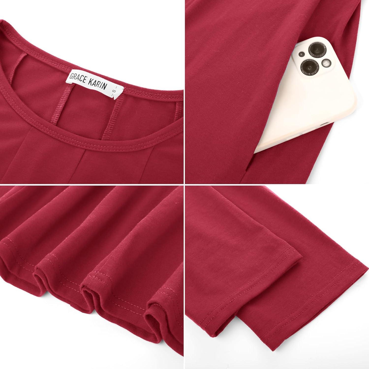 imageGRACE KARIN Women Summer Dresses 2026 Casual 34 Sleeve Dress A Line Fit and Flare Midi Dress with PocketsWine Red