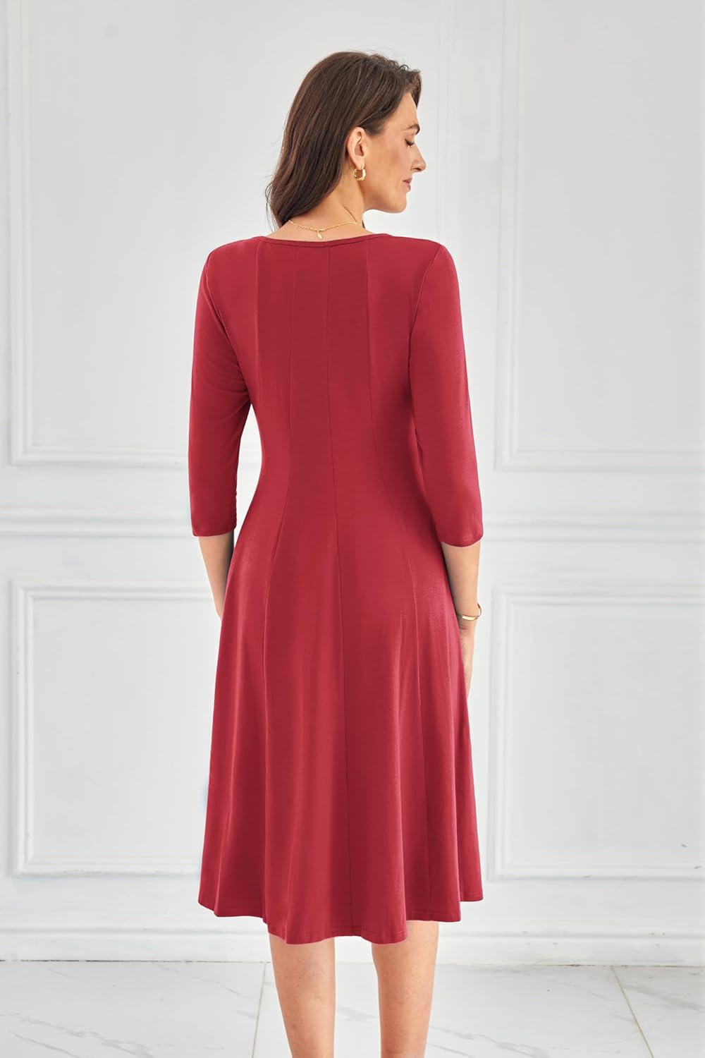 imageGRACE KARIN Women Summer Dresses 2026 Casual 34 Sleeve Dress A Line Fit and Flare Midi Dress with PocketsWine Red