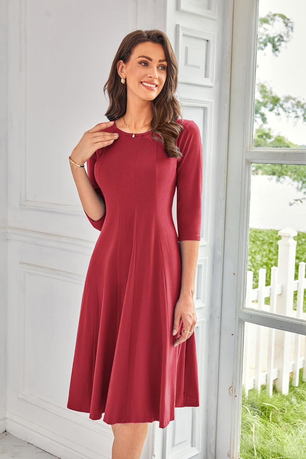 imageGRACE KARIN Women Summer Dresses 2026 Casual 34 Sleeve Dress A Line Fit and Flare Midi Dress with PocketsWine Red