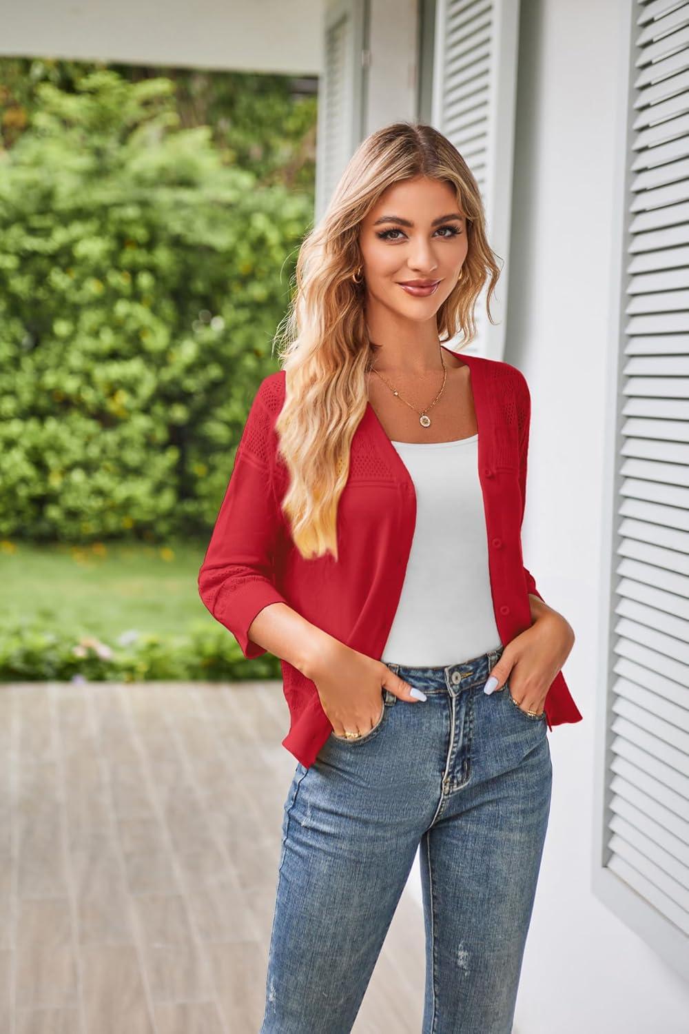 imageGRACE KARIN Womens 2025 Cropped Cardigan 34 Sleeve Lightweight Crochet Shrug HollowedOut Knit Sweater TopsBright Red