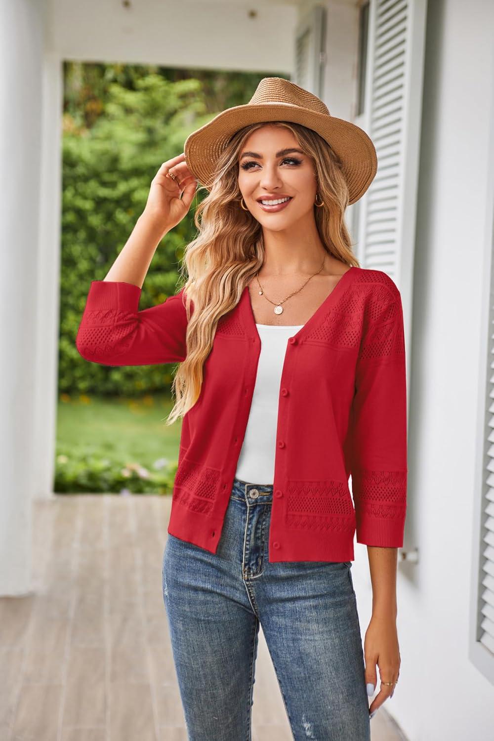 imageGRACE KARIN Womens 2025 Cropped Cardigan 34 Sleeve Lightweight Crochet Shrug HollowedOut Knit Sweater TopsBright Red