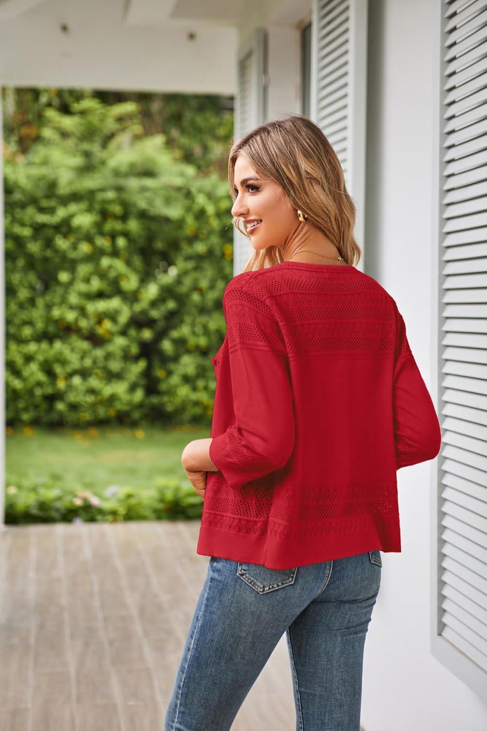 imageGRACE KARIN Womens 2025 Cropped Cardigan 34 Sleeve Lightweight Crochet Shrug HollowedOut Knit Sweater TopsBright Red