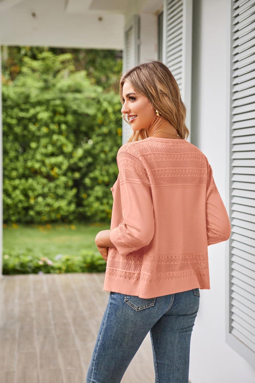 imageGRACE KARIN Womens 2025 Cropped Cardigan 34 Sleeve Lightweight Crochet Shrug HollowedOut Knit Sweater TopsLight Orange