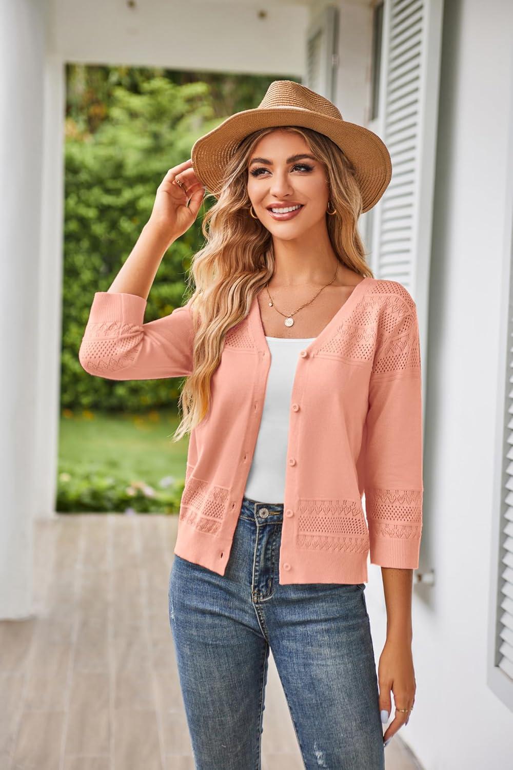imageGRACE KARIN Womens 2025 Cropped Cardigan 34 Sleeve Lightweight Crochet Shrug HollowedOut Knit Sweater TopsLight Orange