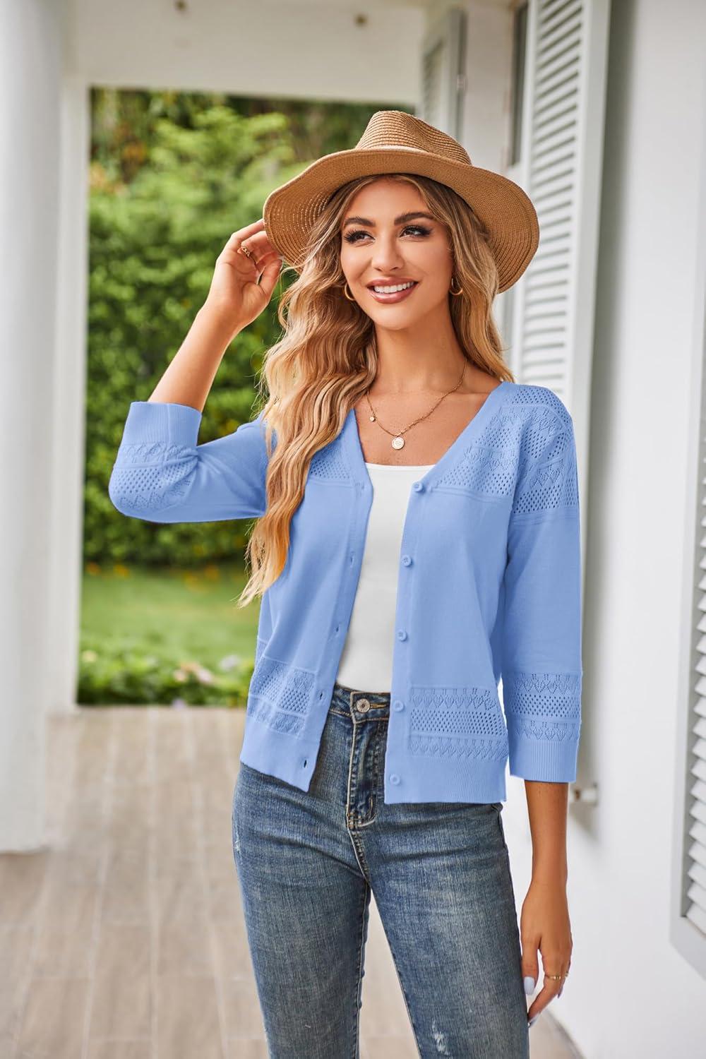 imageGRACE KARIN Womens 2025 Cropped Cardigan 34 Sleeve Lightweight Crochet Shrug HollowedOut Knit Sweater TopsLight Sky Blue