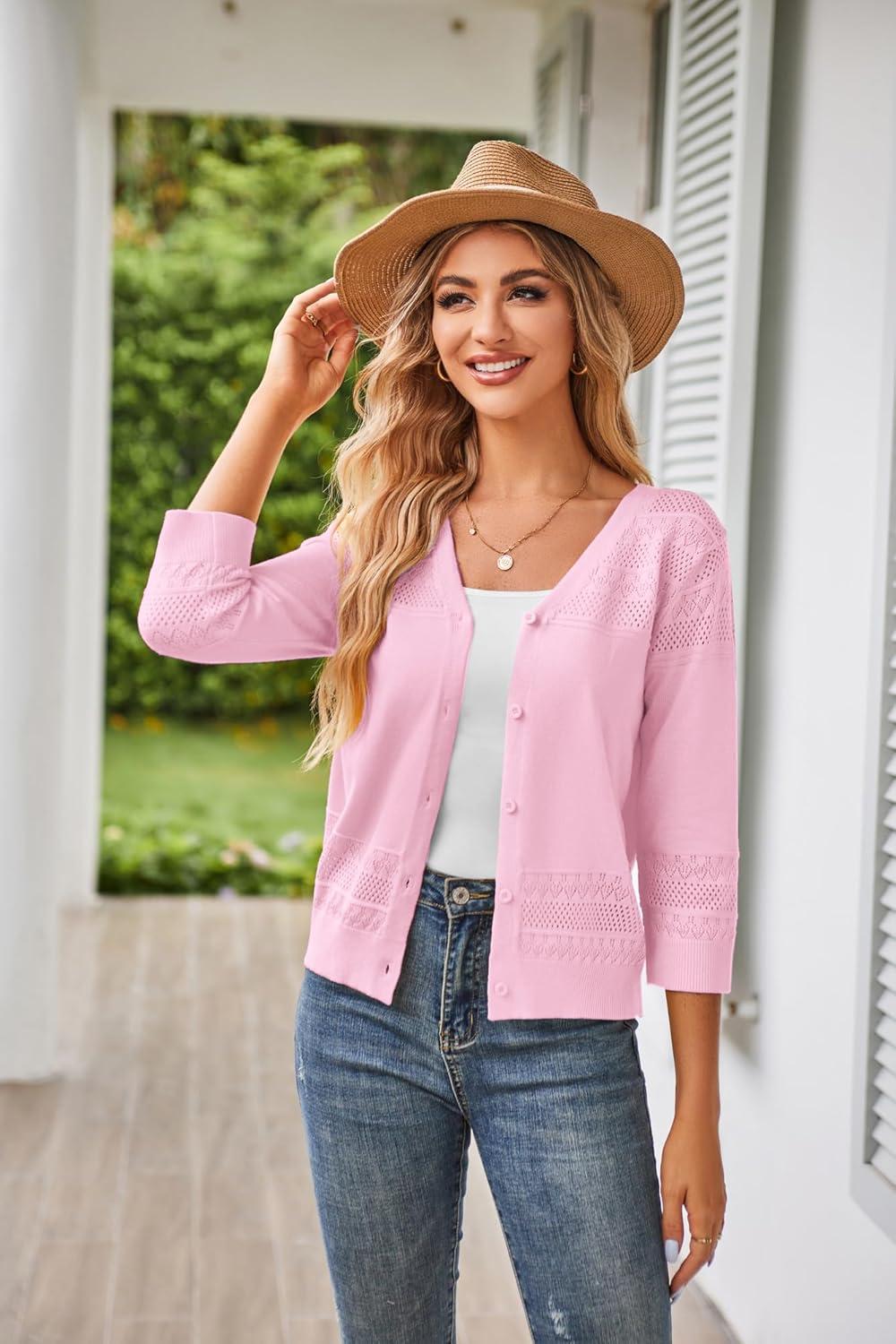 imageGRACE KARIN Womens 2025 Cropped Cardigan 34 Sleeve Lightweight Crochet Shrug HollowedOut Knit Sweater TopsLightpink