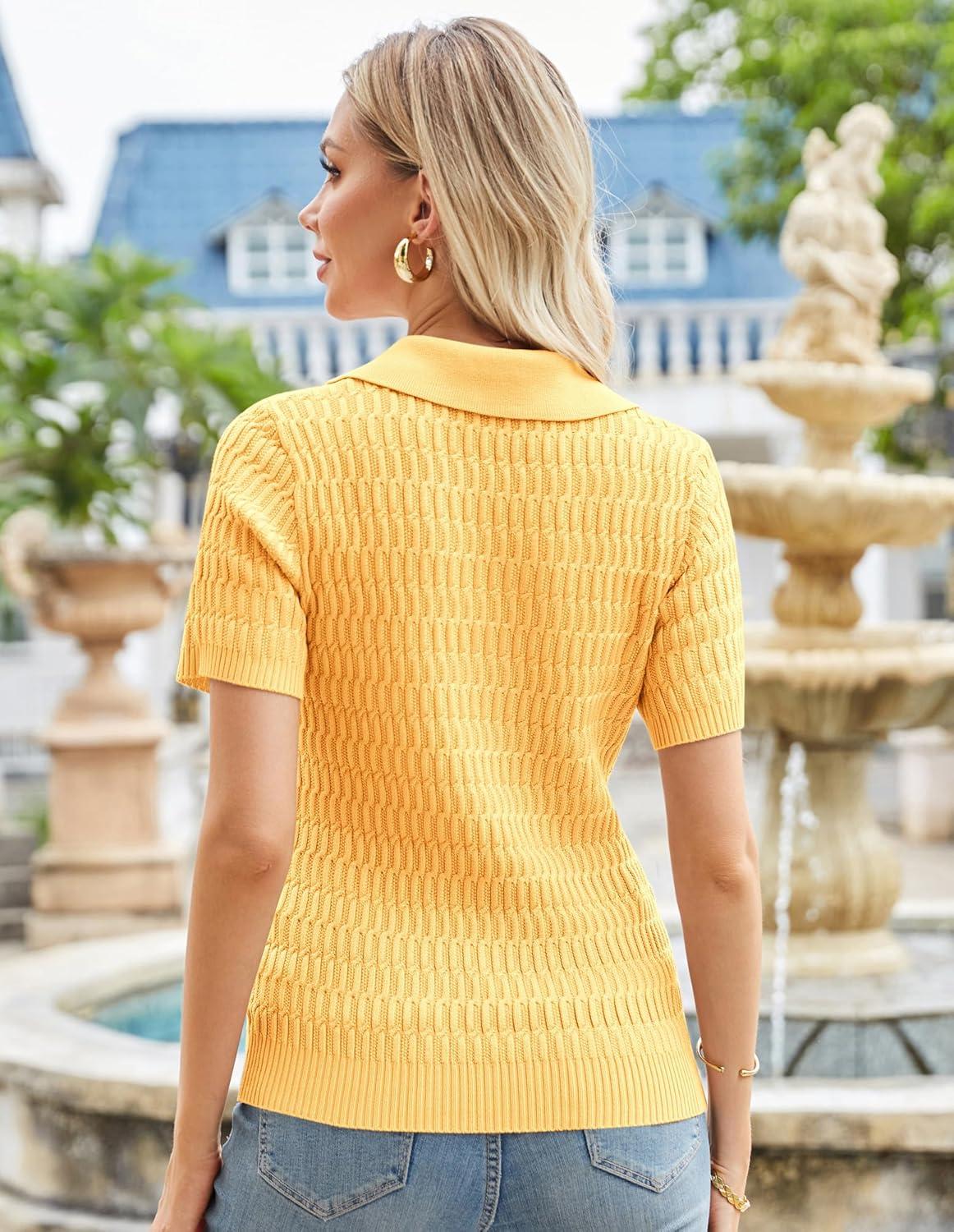 imageGRACE KARIN Womens 2025 Summer Short Sleeve Sweater VNeck Collared Pullover Sweater Tops Lightweight Knit Polo ShirtLight Yellow