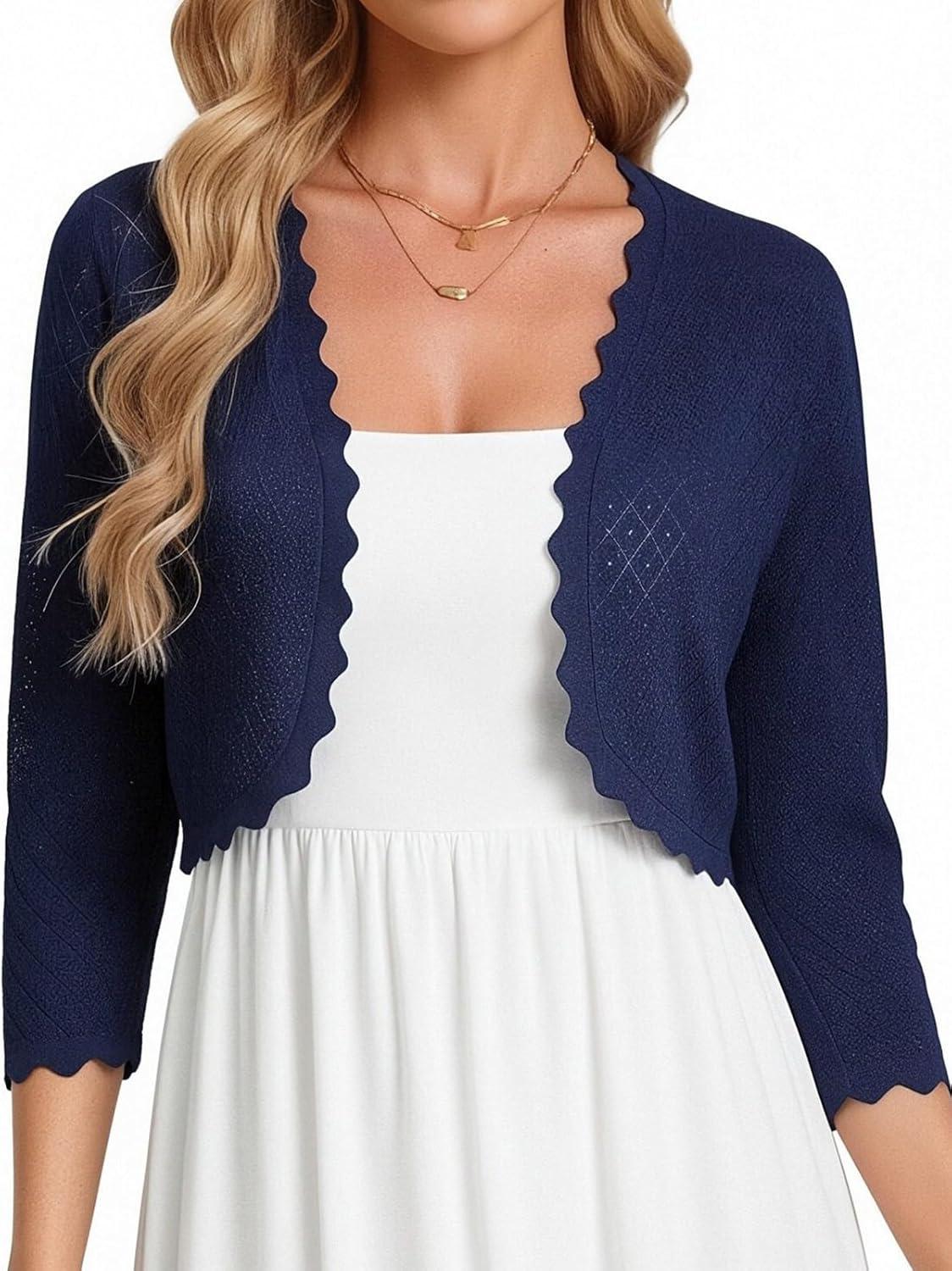 imageGRACE KARIN Womens 2026 Bolero Shrug 34 Sleeve Crochet Cropped Cardigan Open Front Knit Shrugs for DressesNavy Blue