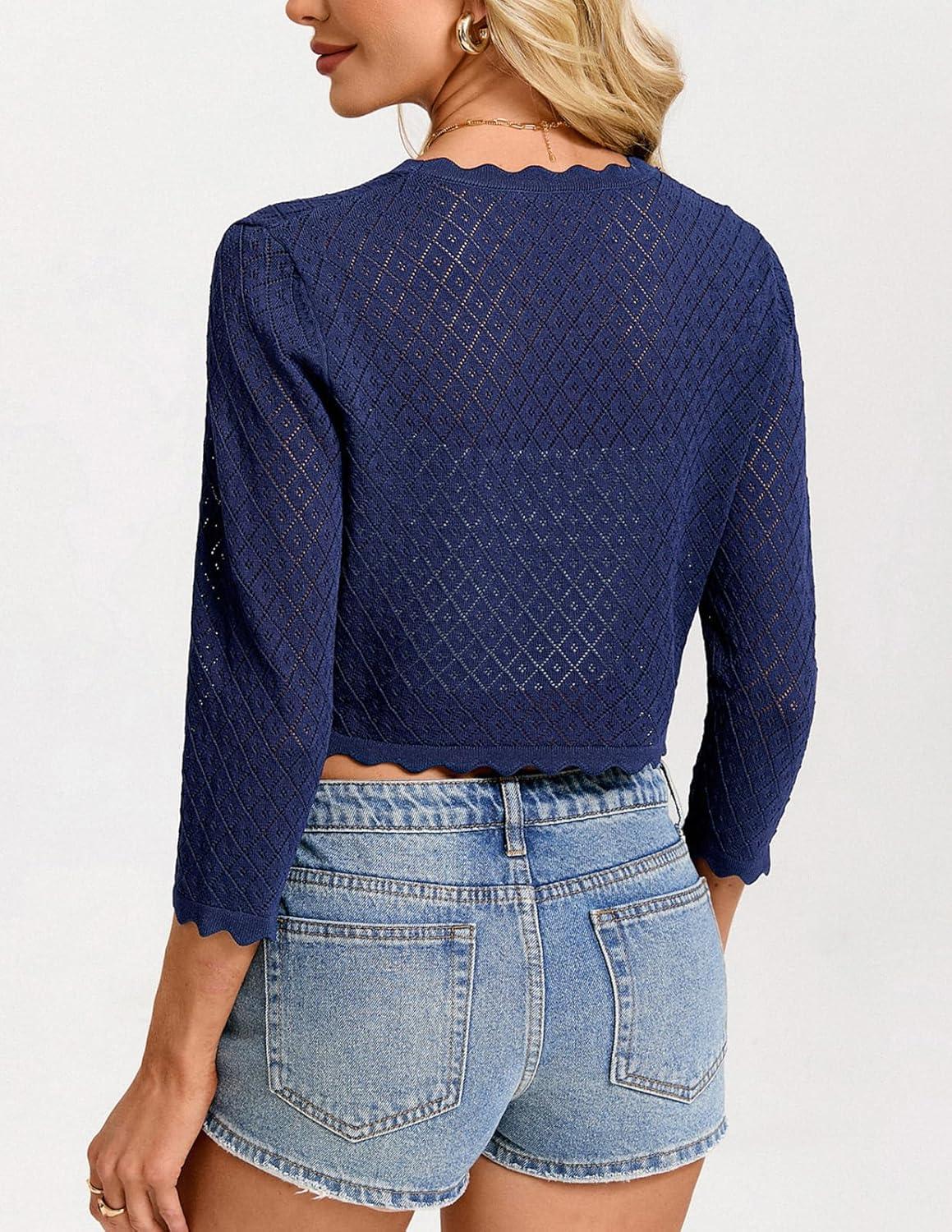 imageGRACE KARIN Womens 2026 Bolero Shrug 34 Sleeve Crochet Cropped Cardigan Open Front Knit Shrugs for DressesNavy Blue