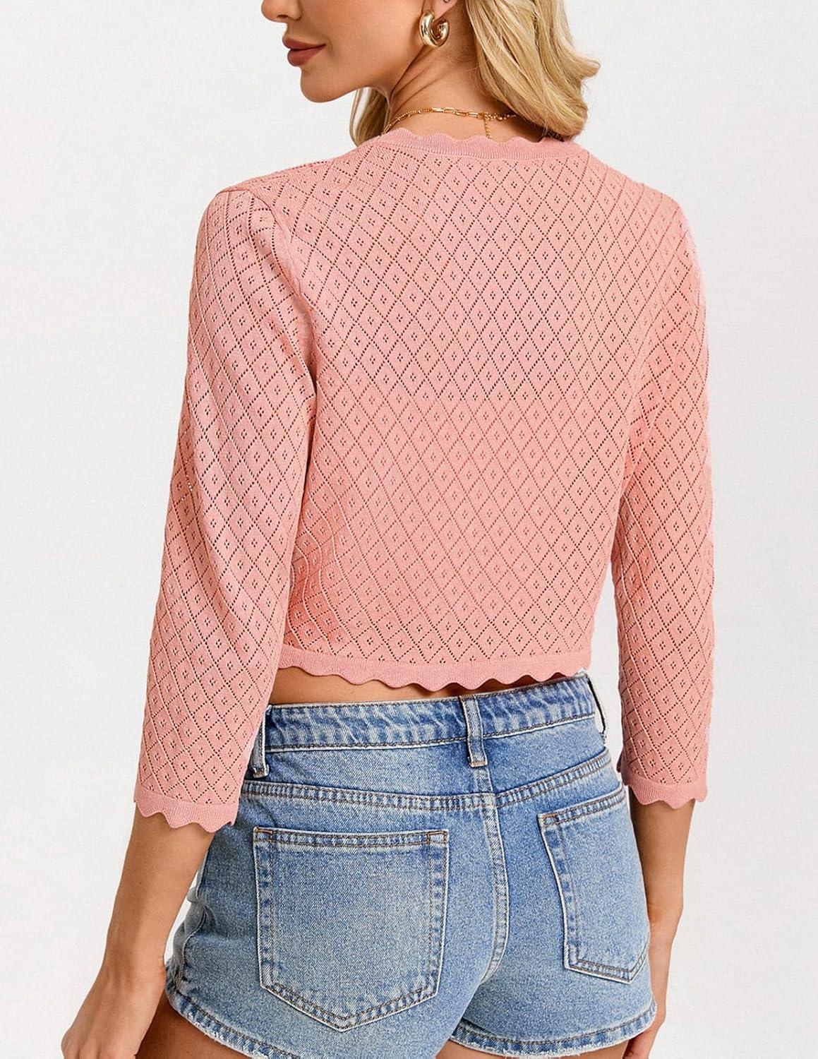 imageGRACE KARIN Womens 2026 Bolero Shrug 34 Sleeve Crochet Cropped Cardigan Open Front Knit Shrugs for DressesPink