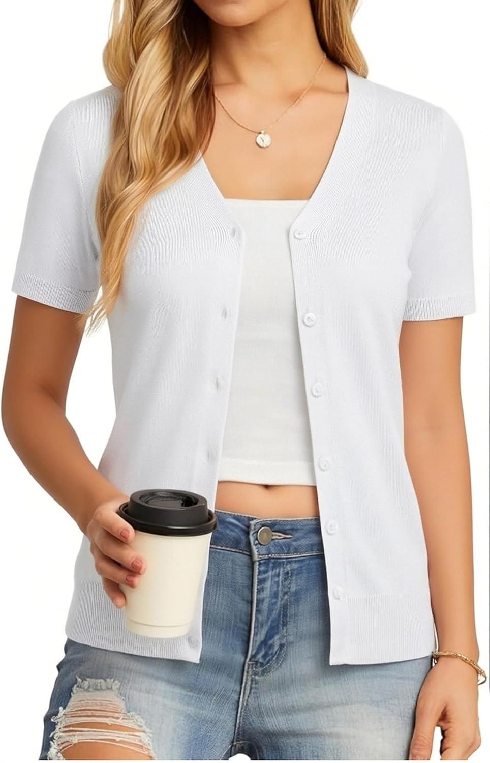 imageGRACE KARIN Womens 2026 Summer Short Sleeve Cardigan Sweaters Lightweight Cropped Shrug Cardigan Business Casual Clothing TopBright White