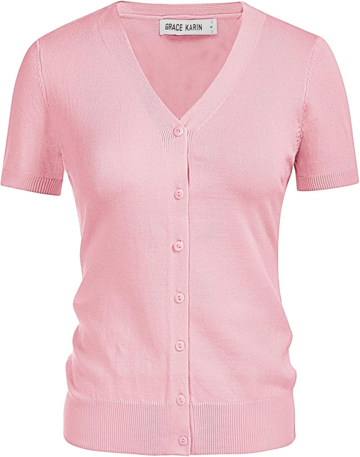 imageGRACE KARIN Womens 2026 Summer Short Sleeve Cardigan Sweaters Lightweight Cropped Shrug Cardigan Business Casual Clothing TopPink