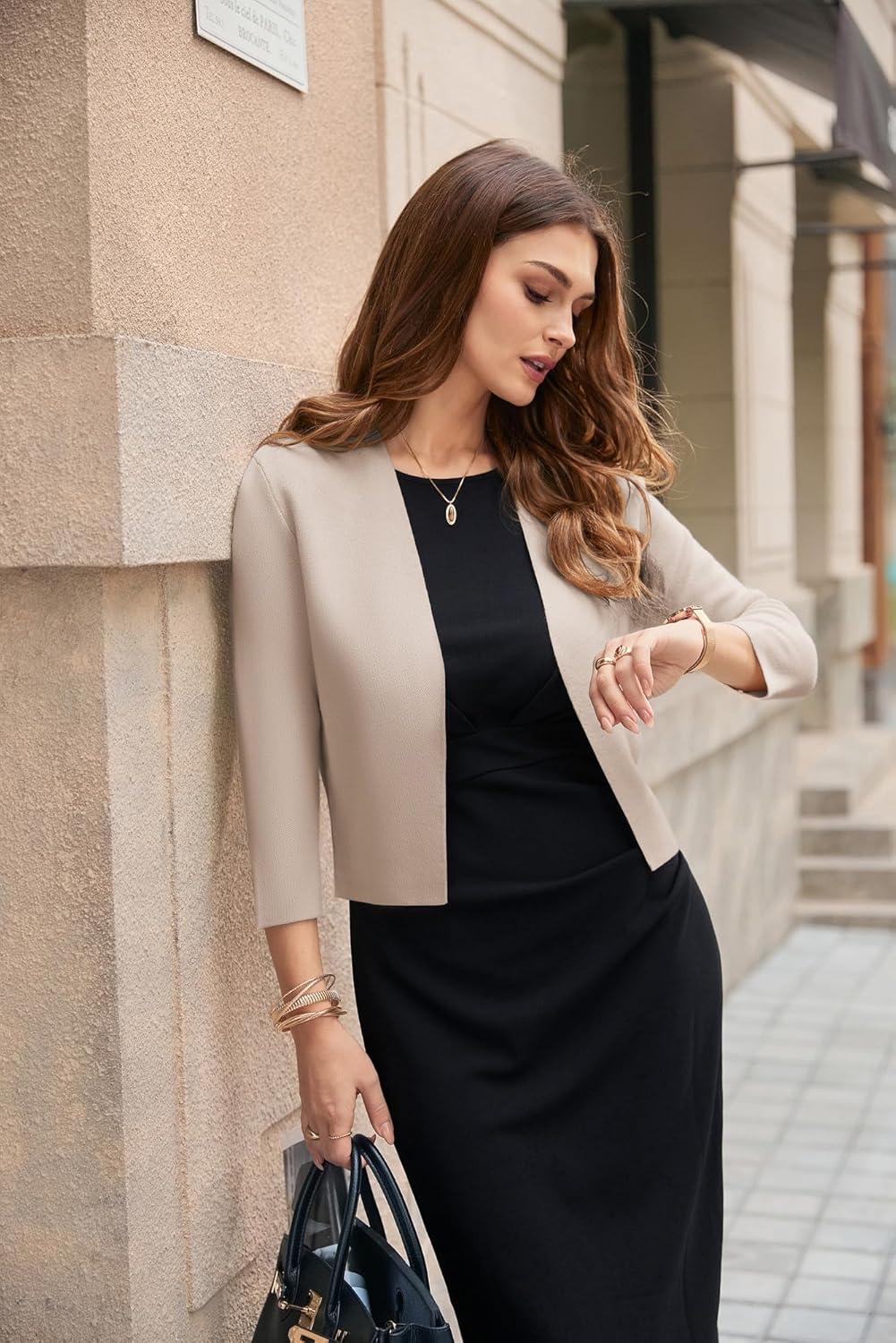 imageGRACE KARIN Womens 34 Sleeve Cropped Cardigan Sweater Lightweight Open Front Dressy Causal Shrug Spring FashionLight Camel