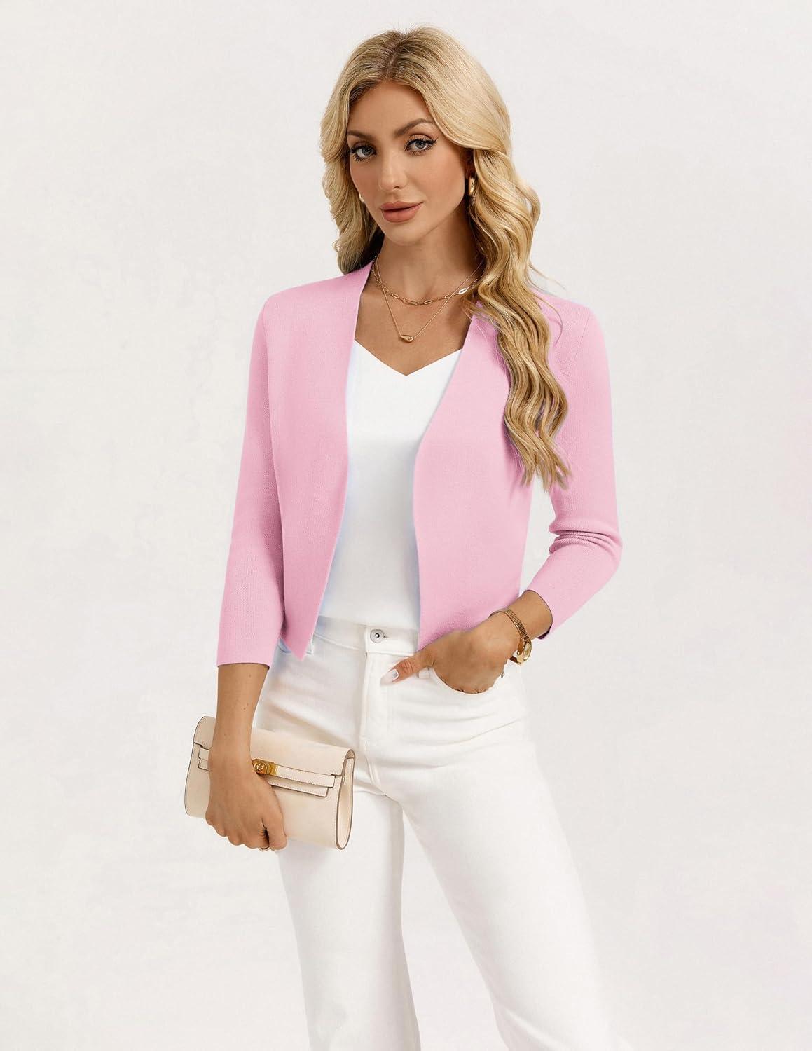 imageGRACE KARIN Womens 34 Sleeve Cropped Cardigan Sweater Lightweight Open Front Dressy Causal Shrug Spring FashionLight Pink