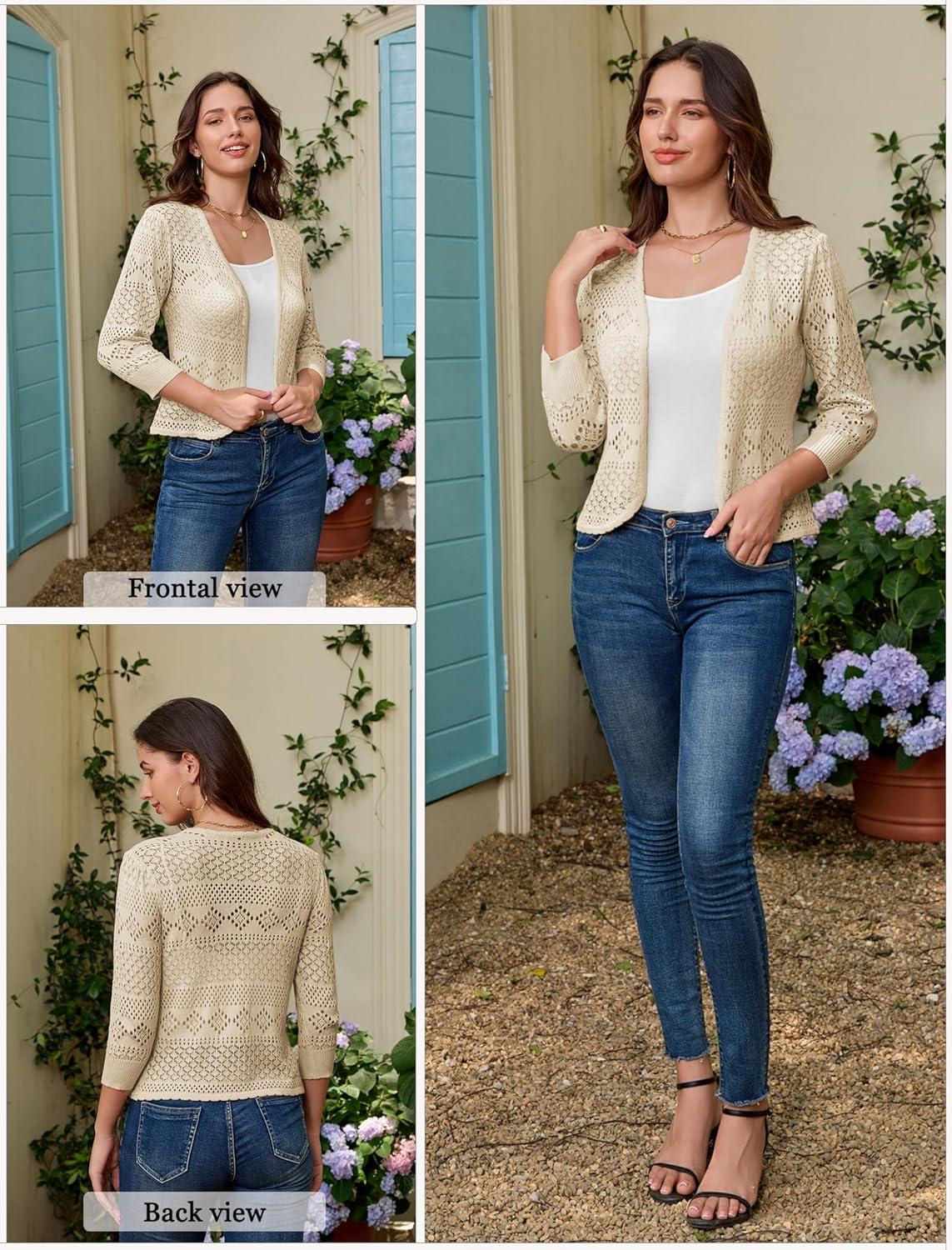 imageGRACE KARIN Womens 34 Sleeve Open Front Cropped Cardigan Summer Lightweight Hollow Out Knit ShrugApricot