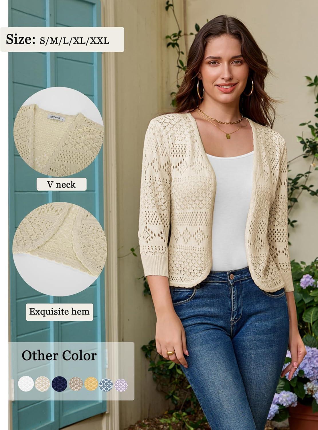 imageGRACE KARIN Womens 34 Sleeve Open Front Cropped Cardigan Summer Lightweight Hollow Out Knit ShrugApricot