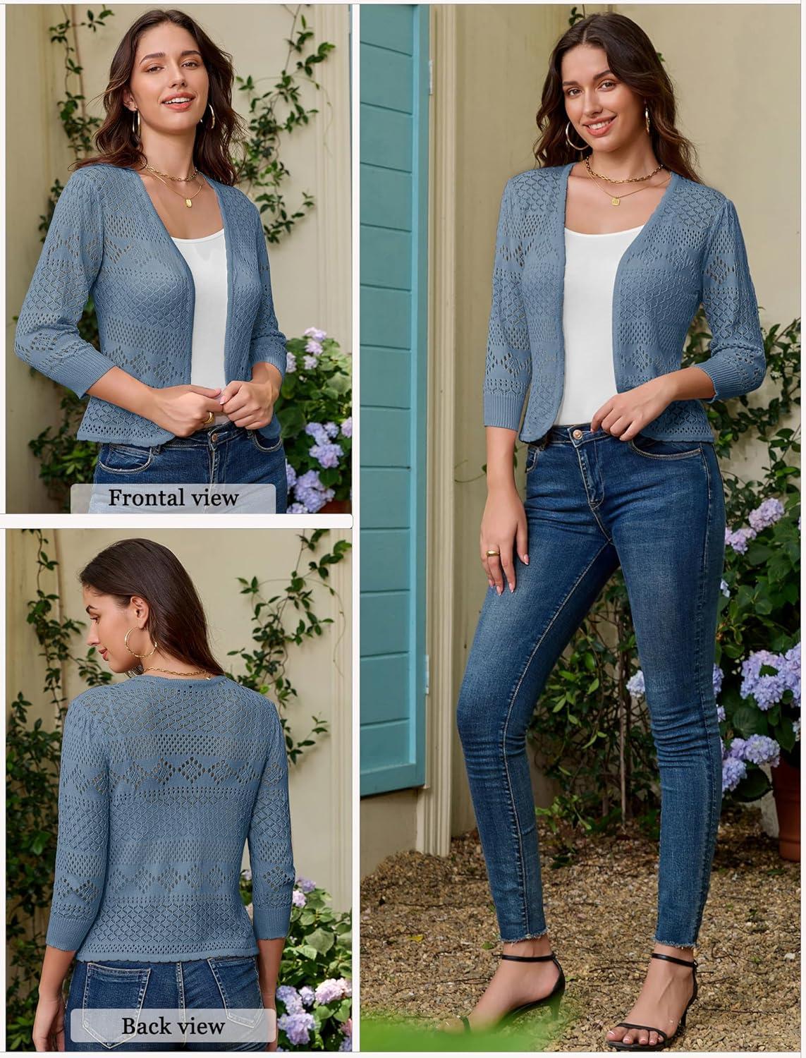 imageGRACE KARIN Womens 34 Sleeve Open Front Cropped Cardigan Summer Lightweight Hollow Out Knit ShrugAqua