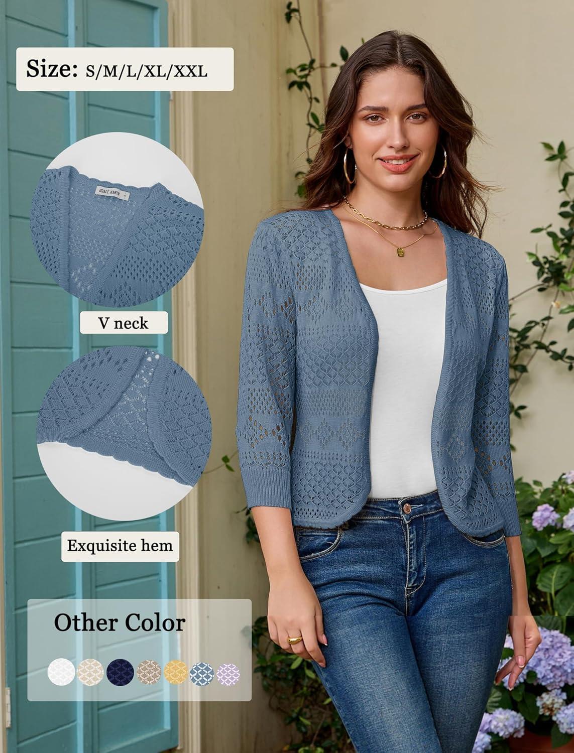 imageGRACE KARIN Womens 34 Sleeve Open Front Cropped Cardigan Summer Lightweight Hollow Out Knit ShrugAqua