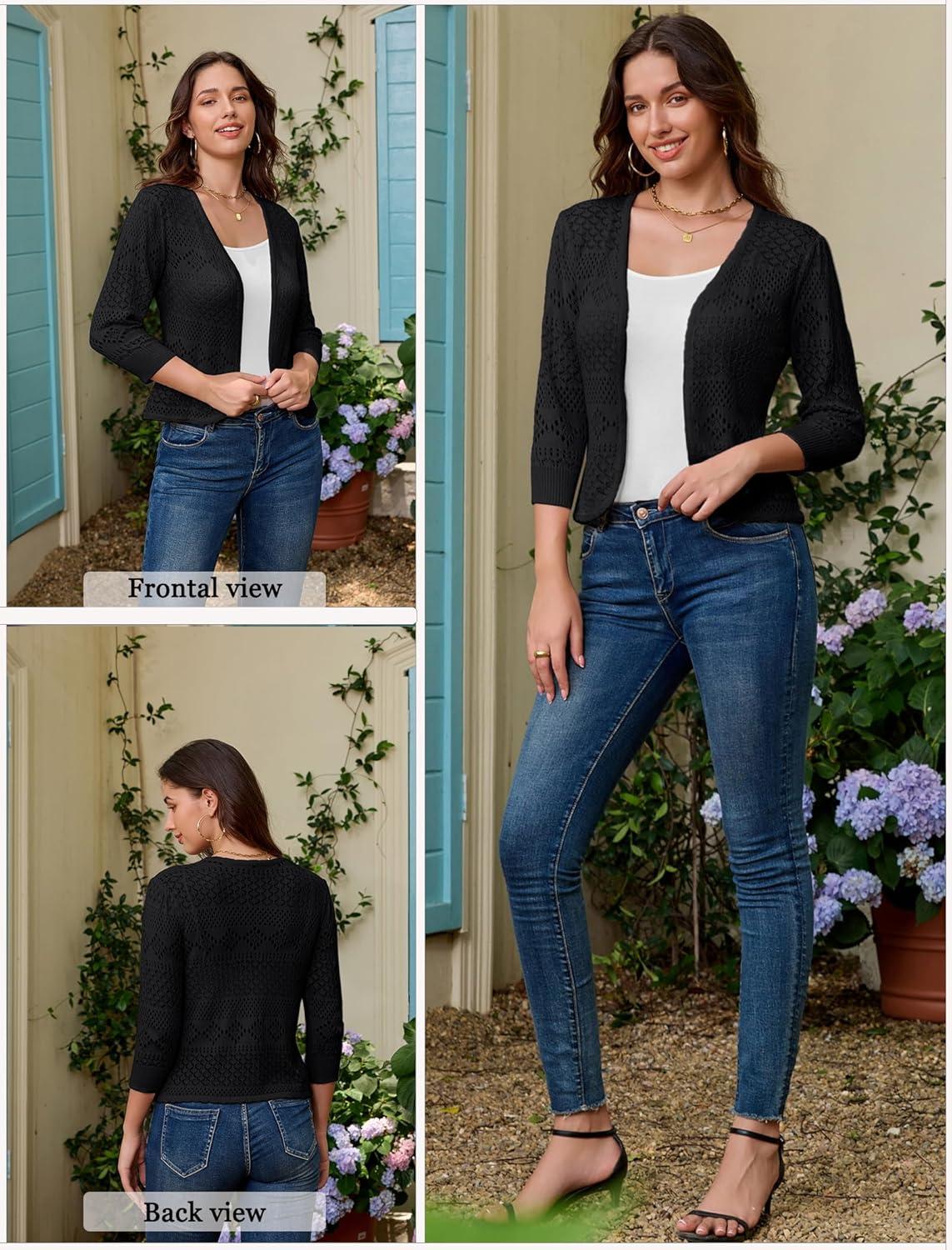 imageGRACE KARIN Womens 34 Sleeve Open Front Cropped Cardigan Summer Lightweight Hollow Out Knit ShrugBlack