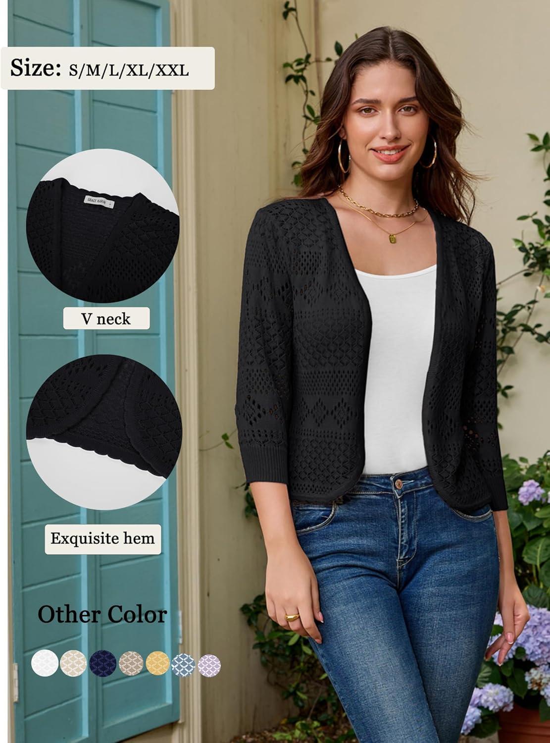 imageGRACE KARIN Womens 34 Sleeve Open Front Cropped Cardigan Summer Lightweight Hollow Out Knit ShrugBlack