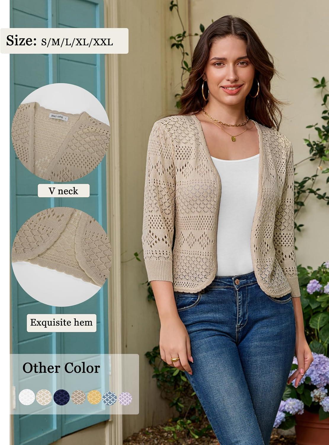 imageGRACE KARIN Womens 34 Sleeve Open Front Cropped Cardigan Summer Lightweight Hollow Out Knit ShrugDark Apricot