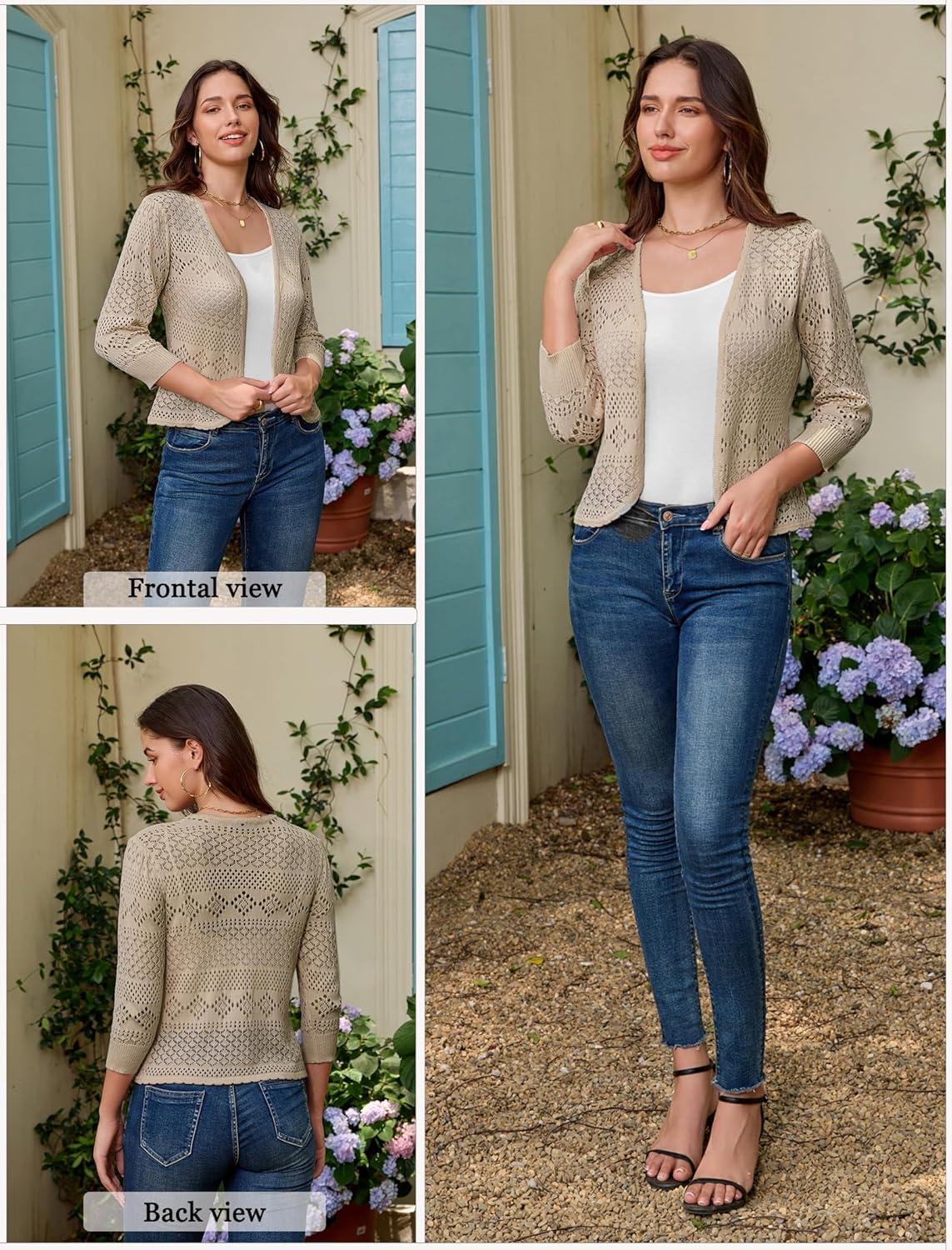 imageGRACE KARIN Womens 34 Sleeve Open Front Cropped Cardigan Summer Lightweight Hollow Out Knit ShrugDark Apricot