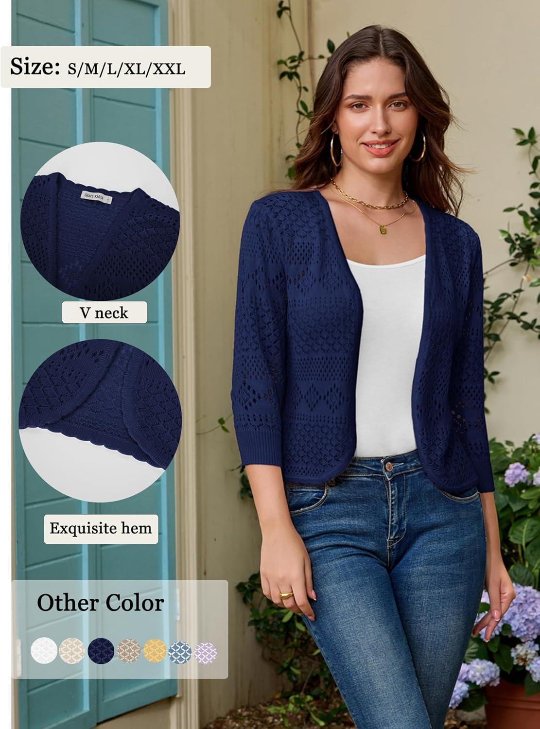 imageGRACE KARIN Womens 34 Sleeve Open Front Cropped Cardigan Summer Lightweight Hollow Out Knit ShrugDark Blue