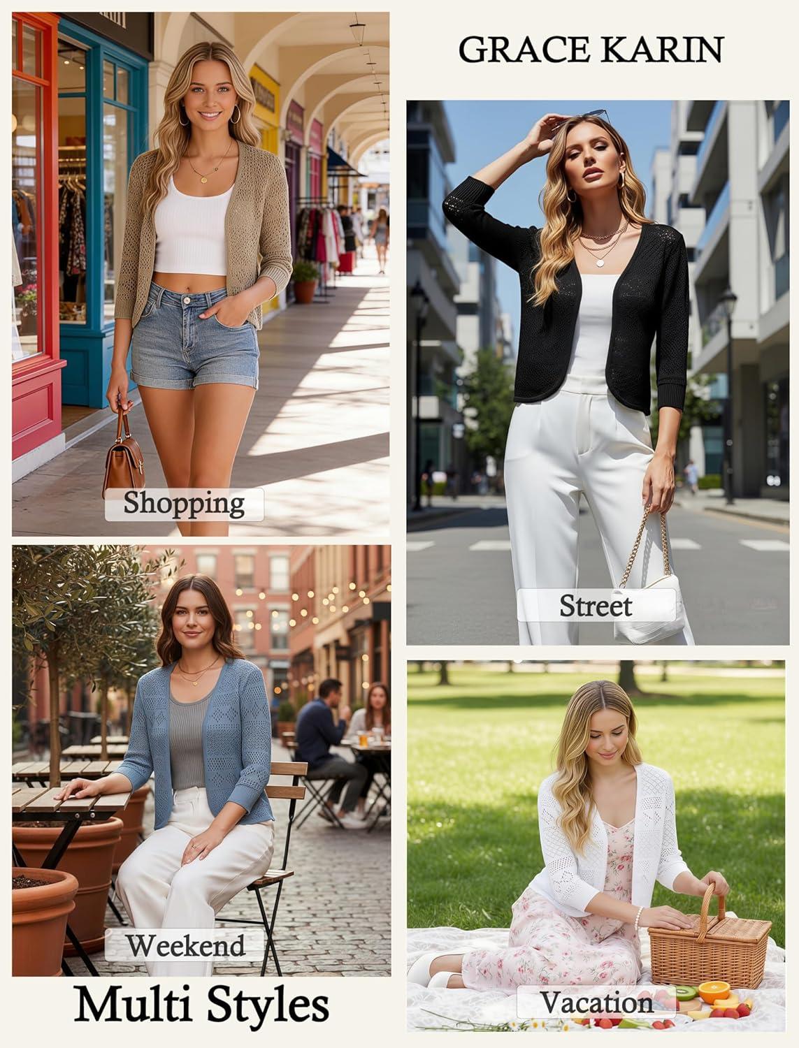 imageGRACE KARIN Womens 34 Sleeve Open Front Cropped Cardigan Summer Lightweight Hollow Out Knit ShrugDark Blue